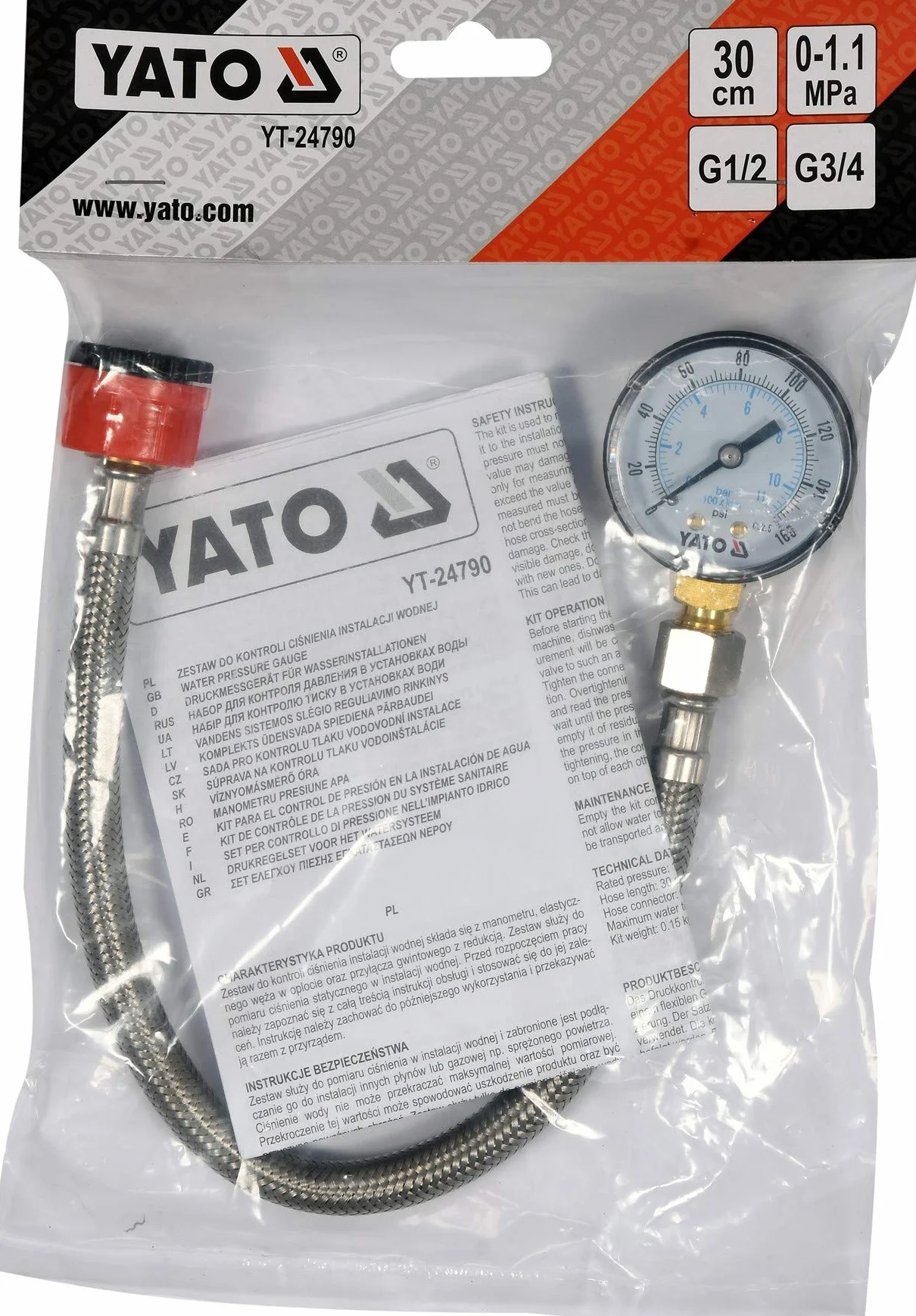 YATO Medidor de presión de agua con manómetro, manguera acero inoxidable, rosca 3/4 y 1/2 pulgadas, 30 cm, 11 bar