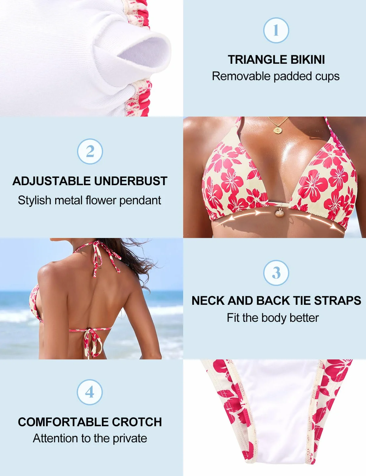 Nadeer Conjunto de Bikini Mujer Brasileño 2 Piezas Halter Triángulo Push Up Relleno Cintura Alta Estampado Floral