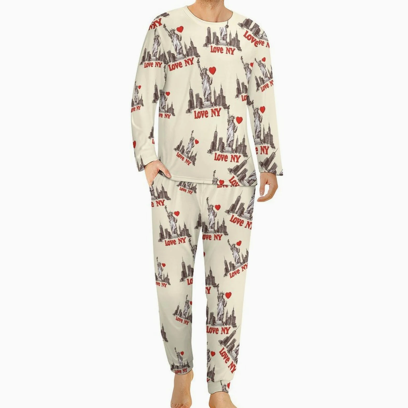 Love Ny New York - Conjunto de pijama para hombre, cuello redondo, ropa de dormir larga, 2 piezas