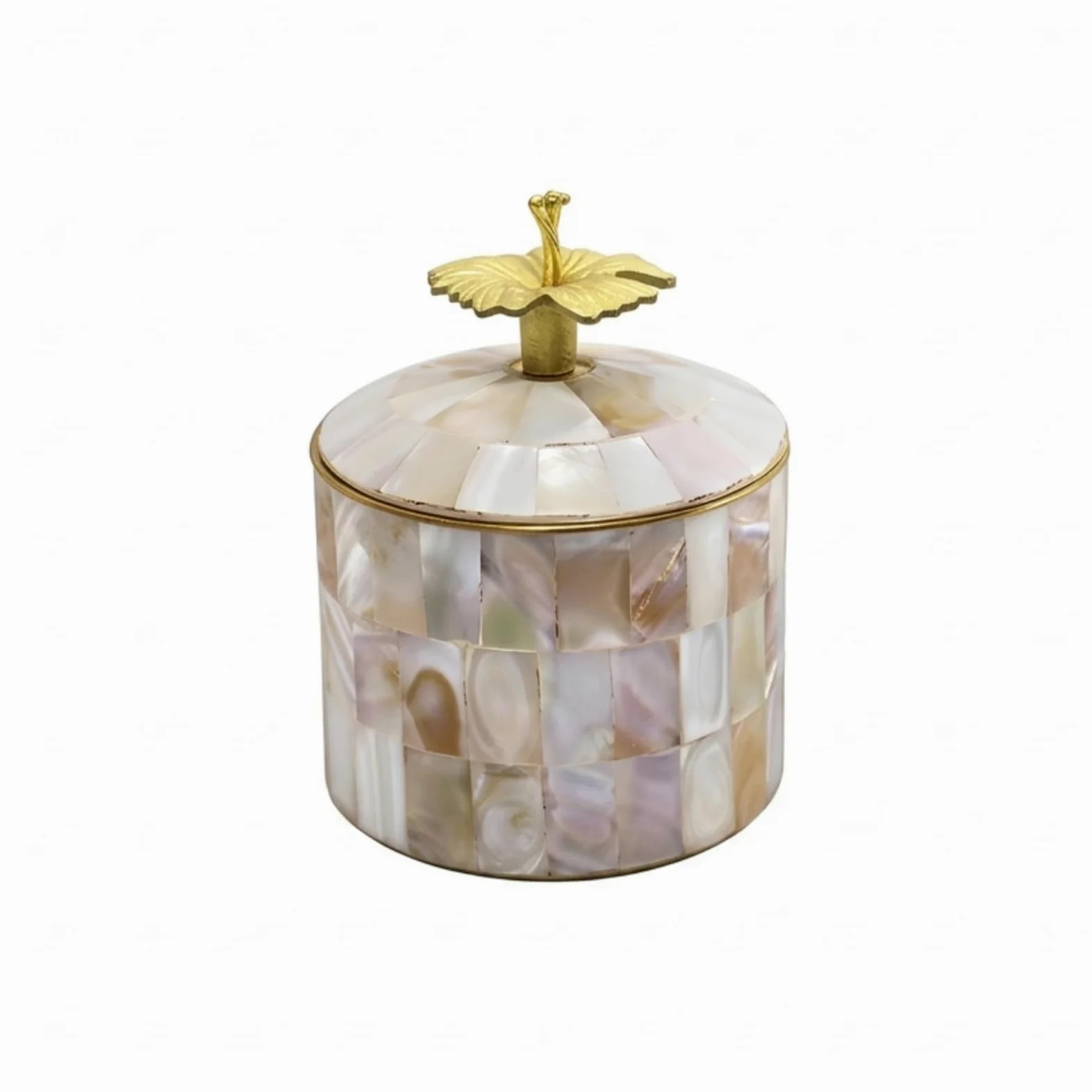 Caja Joyería Decorativa + Contenedor Ornamental con Tapa de Latón y Artístico con Banda Asa Fina Adecuada para Tocador, 9 9 12CM, Bote De Latón Con Incrustaciones De Concha
