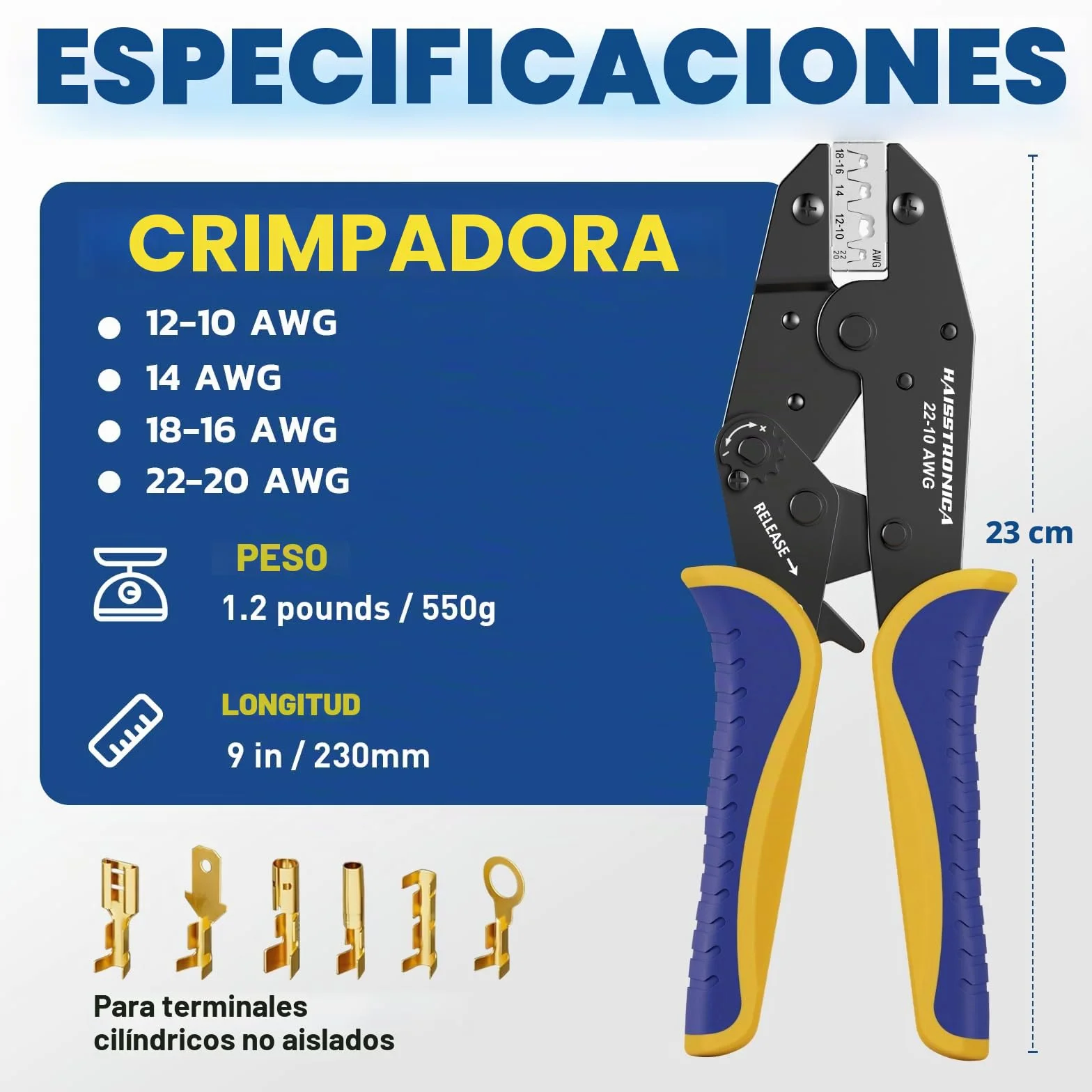 Haisstronica Crimpadora para Terminales Planos 0,5–6 mm² AWG 20–10, Conectores Tipo Spade, Alicate de Crimpado