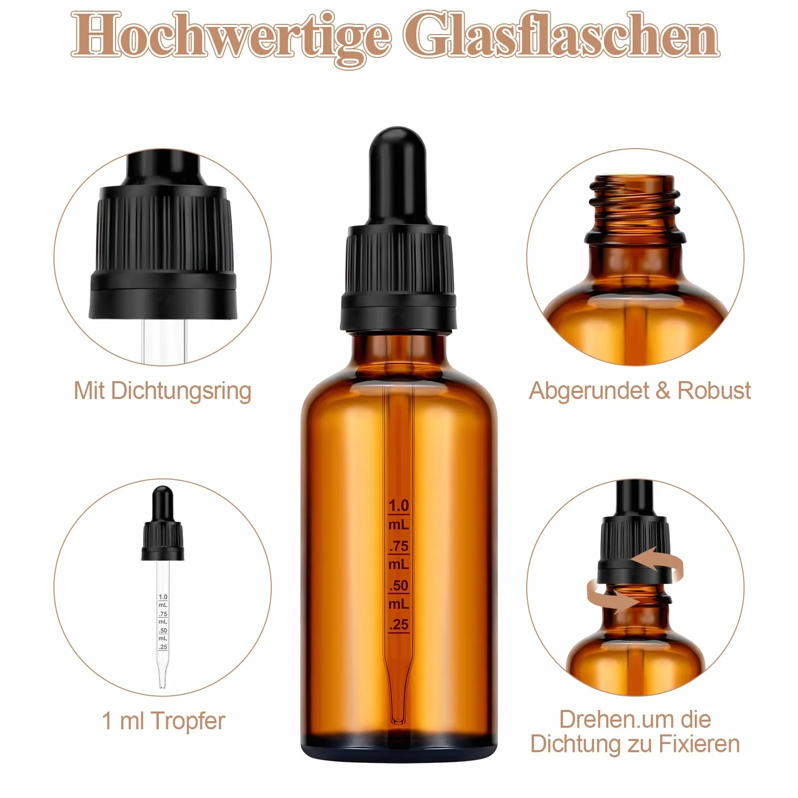 Frascos de vidrio marrón 50 ml con pipeta para aceites esenciales - 6 unidades