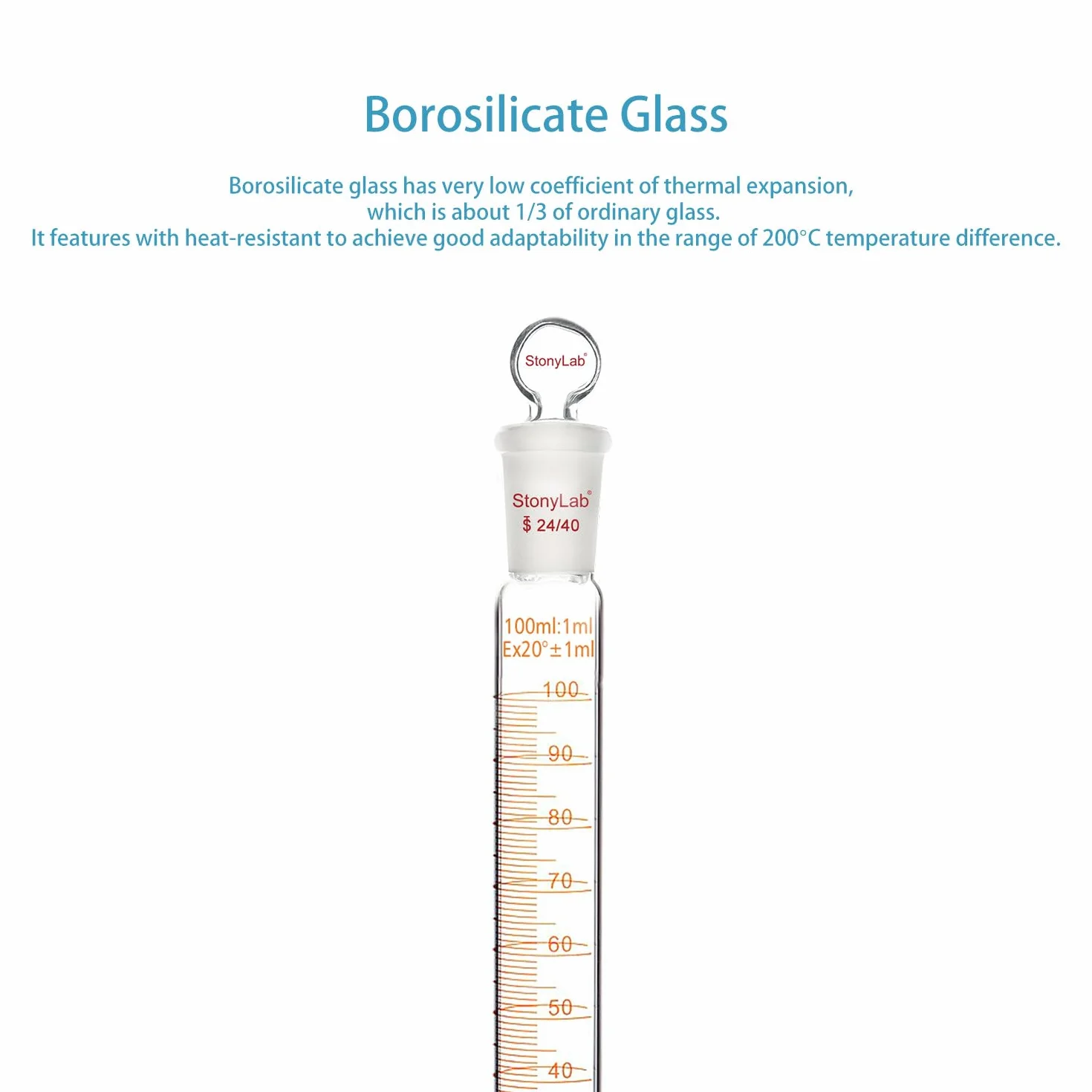 Stonylab Matraz de Vidrio de Borosilicato 100 ml con Junta 24/40 y Tapón