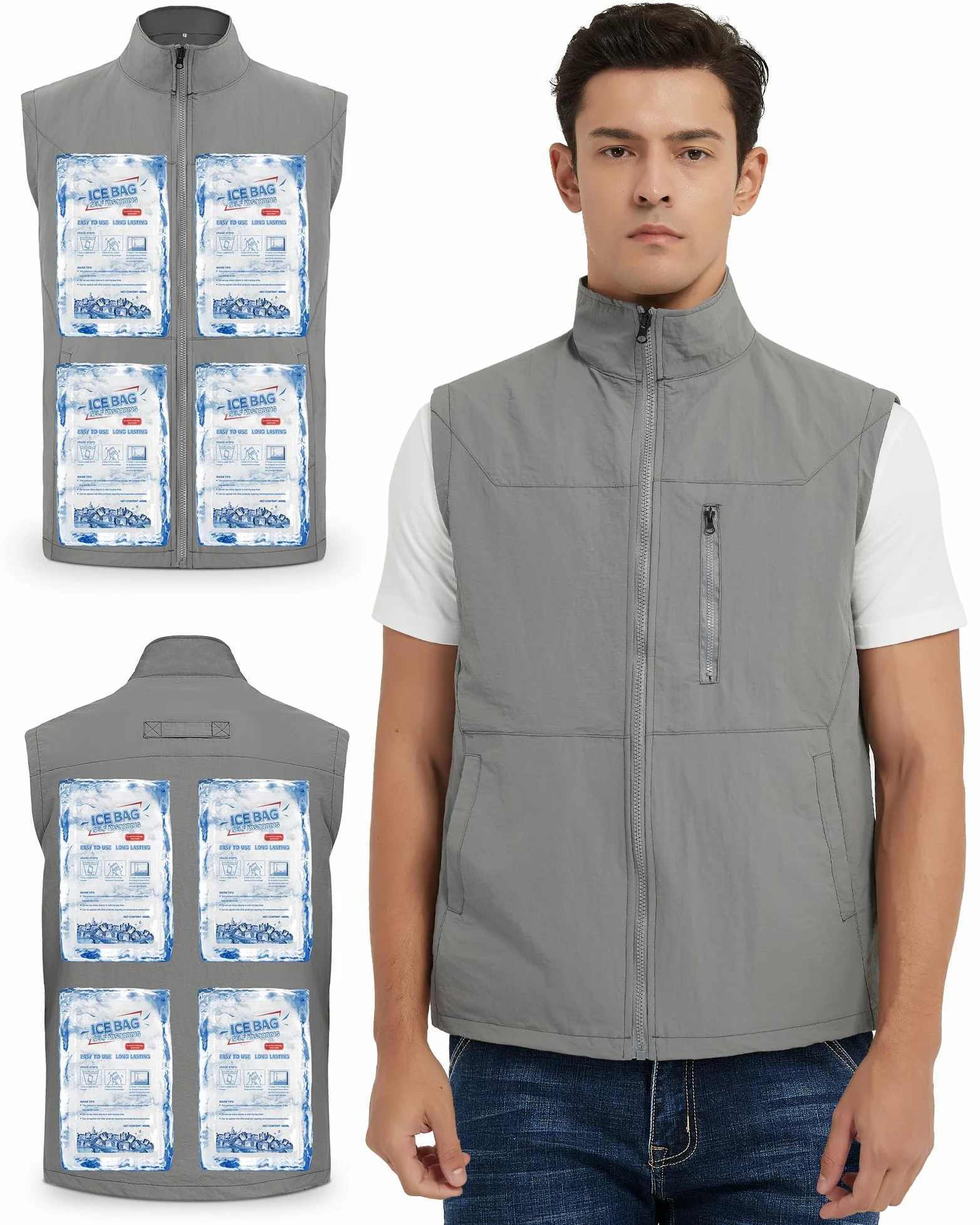 Chaleco refrigerante, chaleco de hielo con 16 bolsas de hielo para hombre y mujer, chaleco de refrigeración de nailon sin mangas para verano clima cálido, gris, XXL