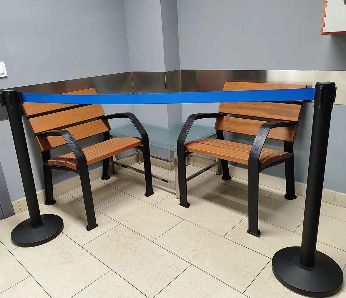 ADO Poste separador de hierro lacado negro con Cinta Extensible Azul 3m Delimitador de paso retráctil