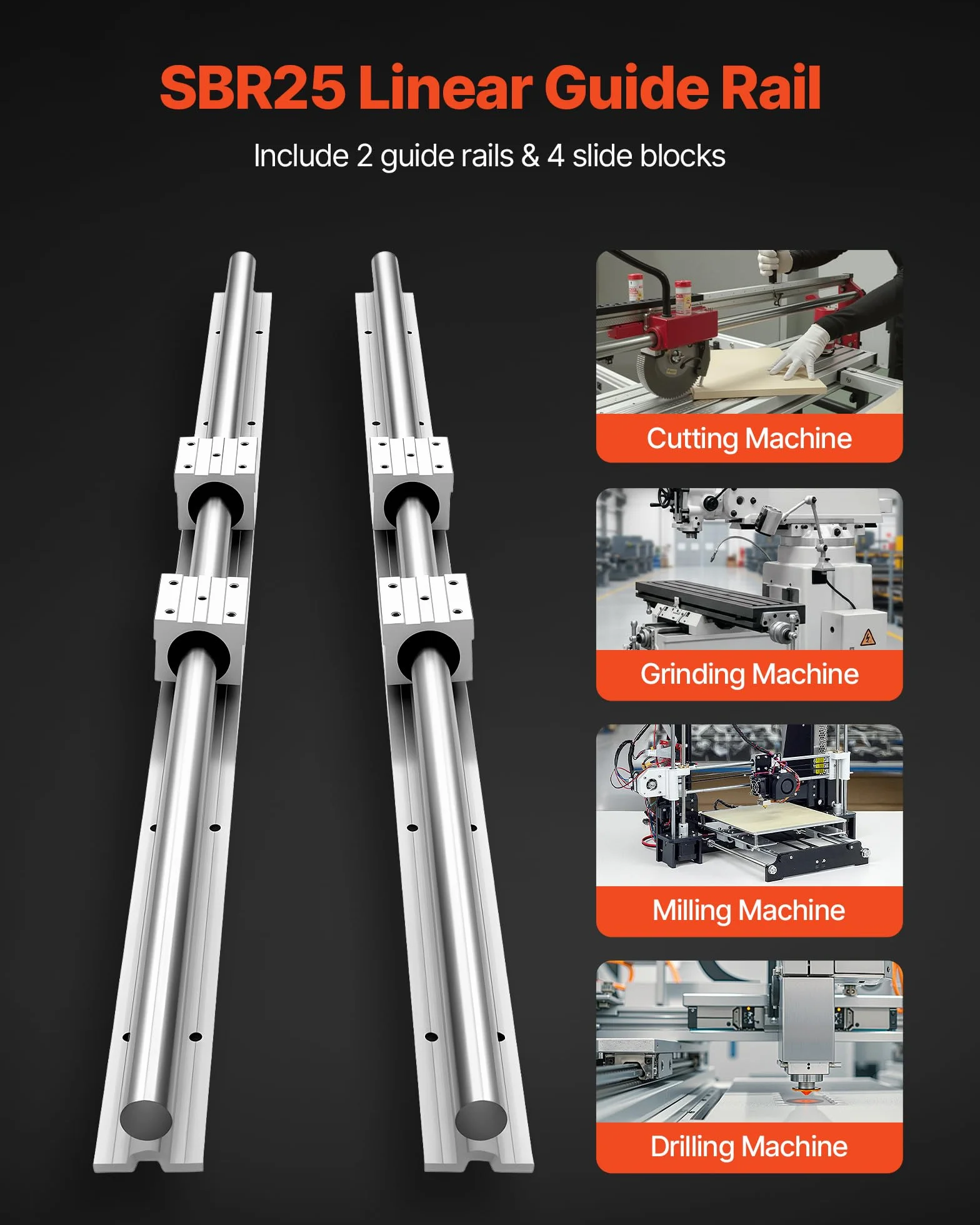 VEVOR Kit de Riel de Guía Lineal SBR25 1200 mm 2 Rieles 4 Bloques Deslizantes