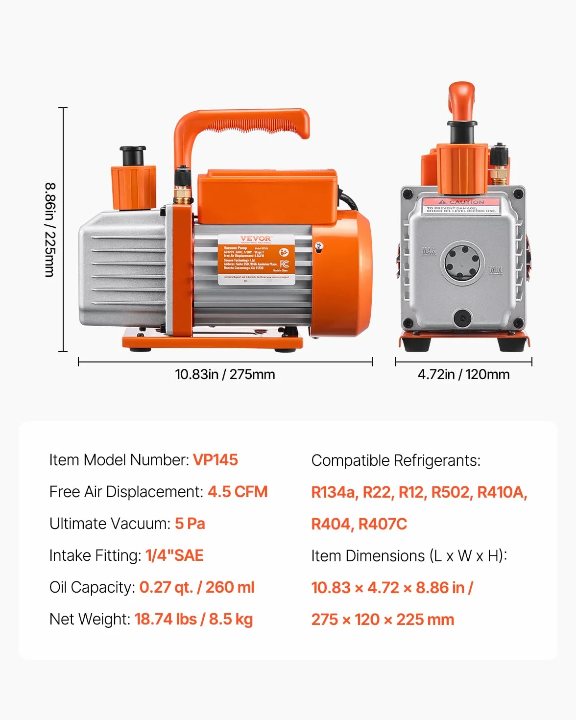 VEVOR Bomba de Vacío 4,5 CFM 1 Etapa Manómetro de Aire Acondicionado Kit Colector Refrigerante R134a R12 R22 R502a R410A R404 R407C