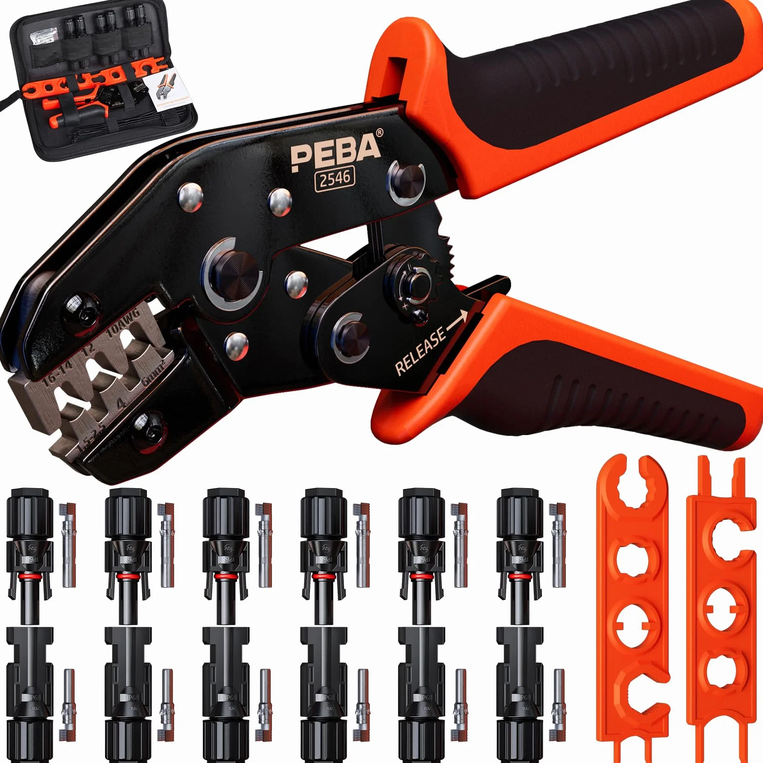 Kit de Montaje Solar PEBA con Crimpadora de Trinquete Ajustable, Juego de Herramientas para Energía Solar Compatible con MC4, para Cables Fotovoltaicos 2.5/4/6mm²