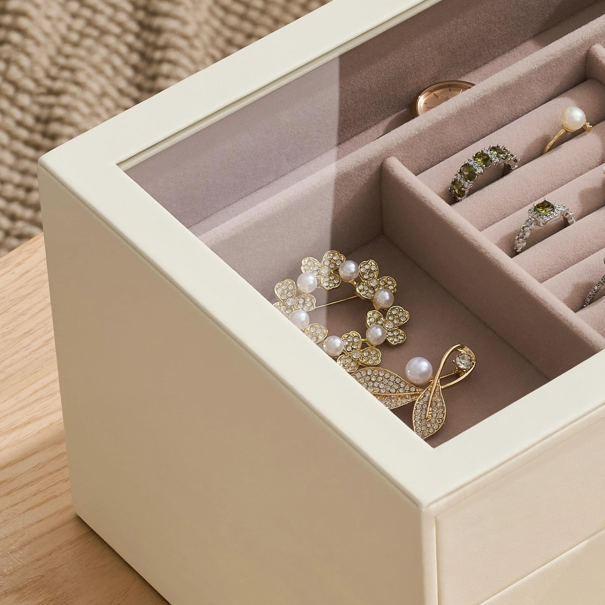 Joyero Organizador para con Ventana de Cristal, Caja Guardajoyas de 4 Capas | Cuero Blanco Marfil y Terciopelo Rosa - Estuche Organizador de Joyas para Anillos, Pendientes, Collares, Pulseras y Relojes,