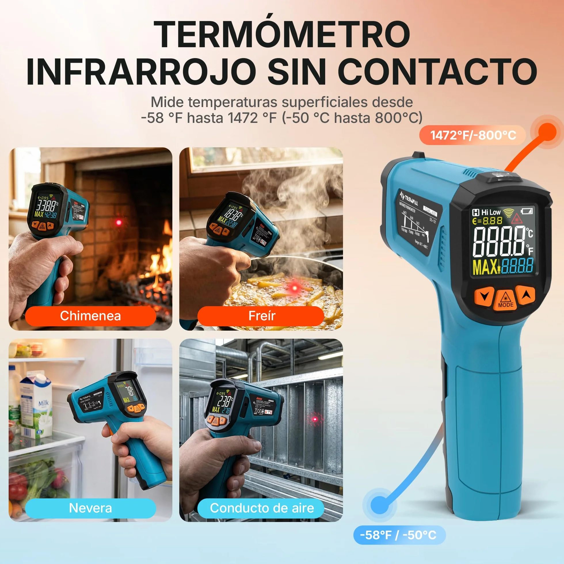 Tilswall Termómetro Infrarrojo -50°C~800°C con Sonda K, Emisividad Ajustable, para Cocina Industrial BBQ
