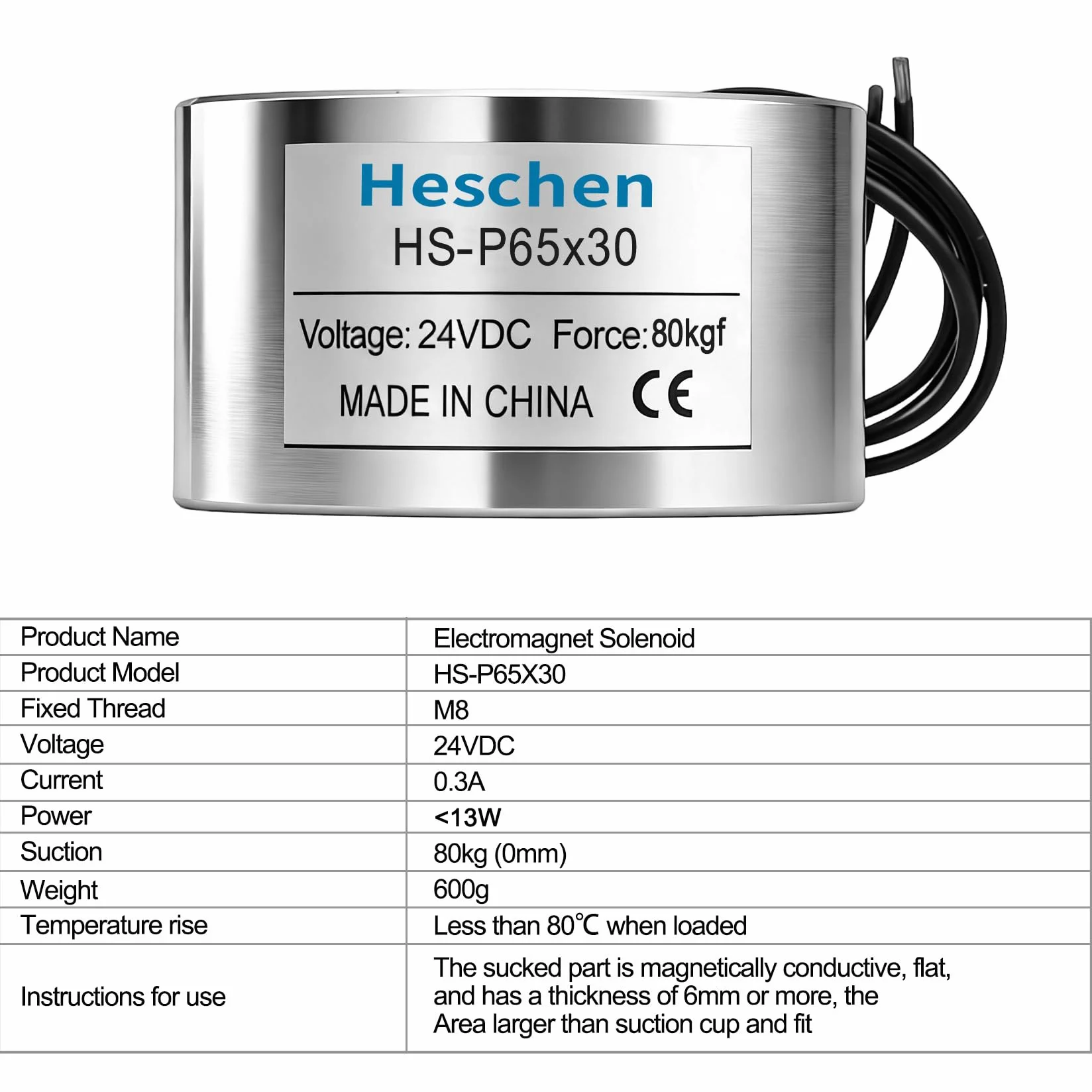 Heschen Electroimán P65/30 24V CC 80kg Atracción Plateado Cilíndrico