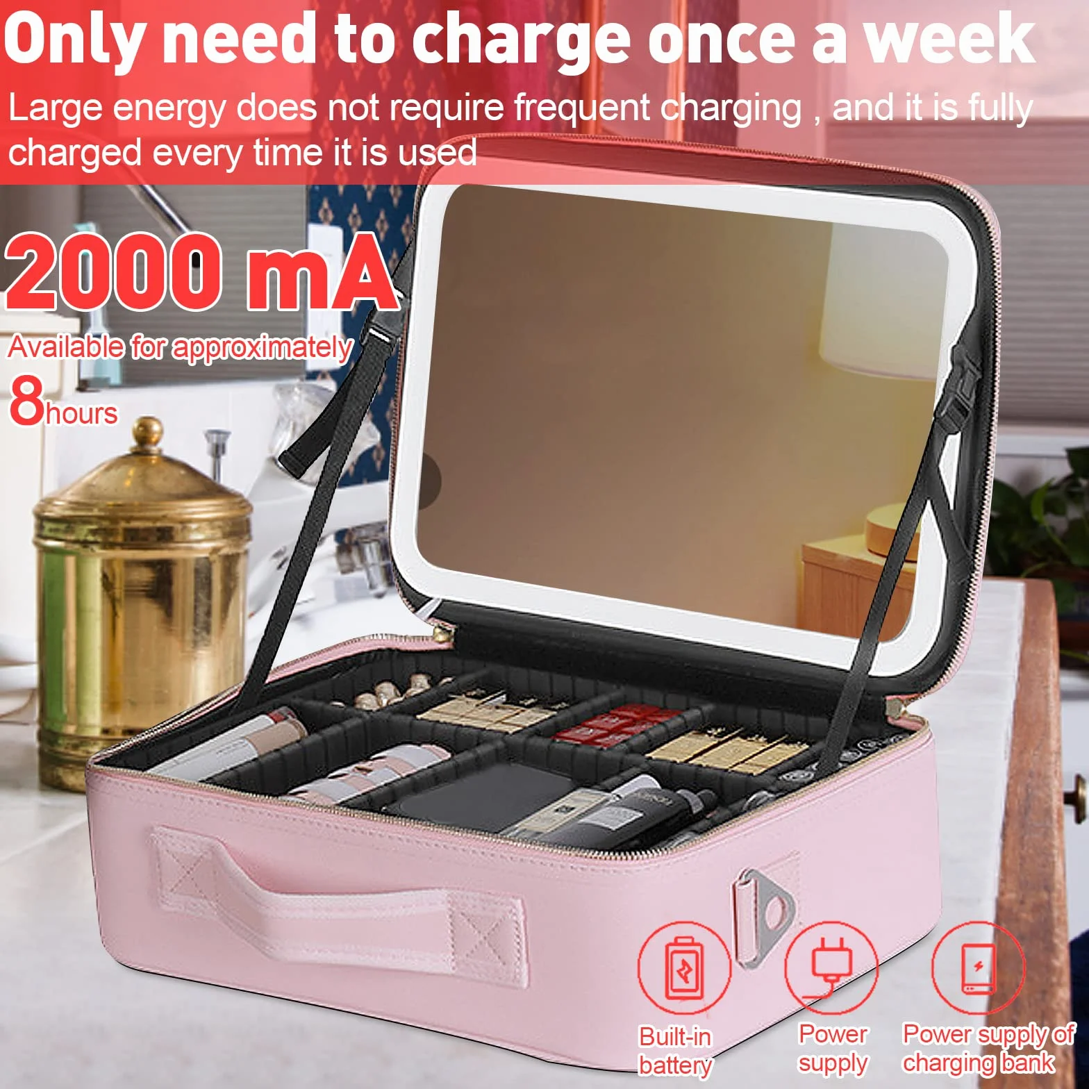 Bolsa de cosméticos de gran capacidad con espejo y luz, bolsa de cosméticos profesional con espejo iluminado, bolsa de cosméticos portátil, compacta y práctica, Rosa., large, Bolsa de cosméticos con