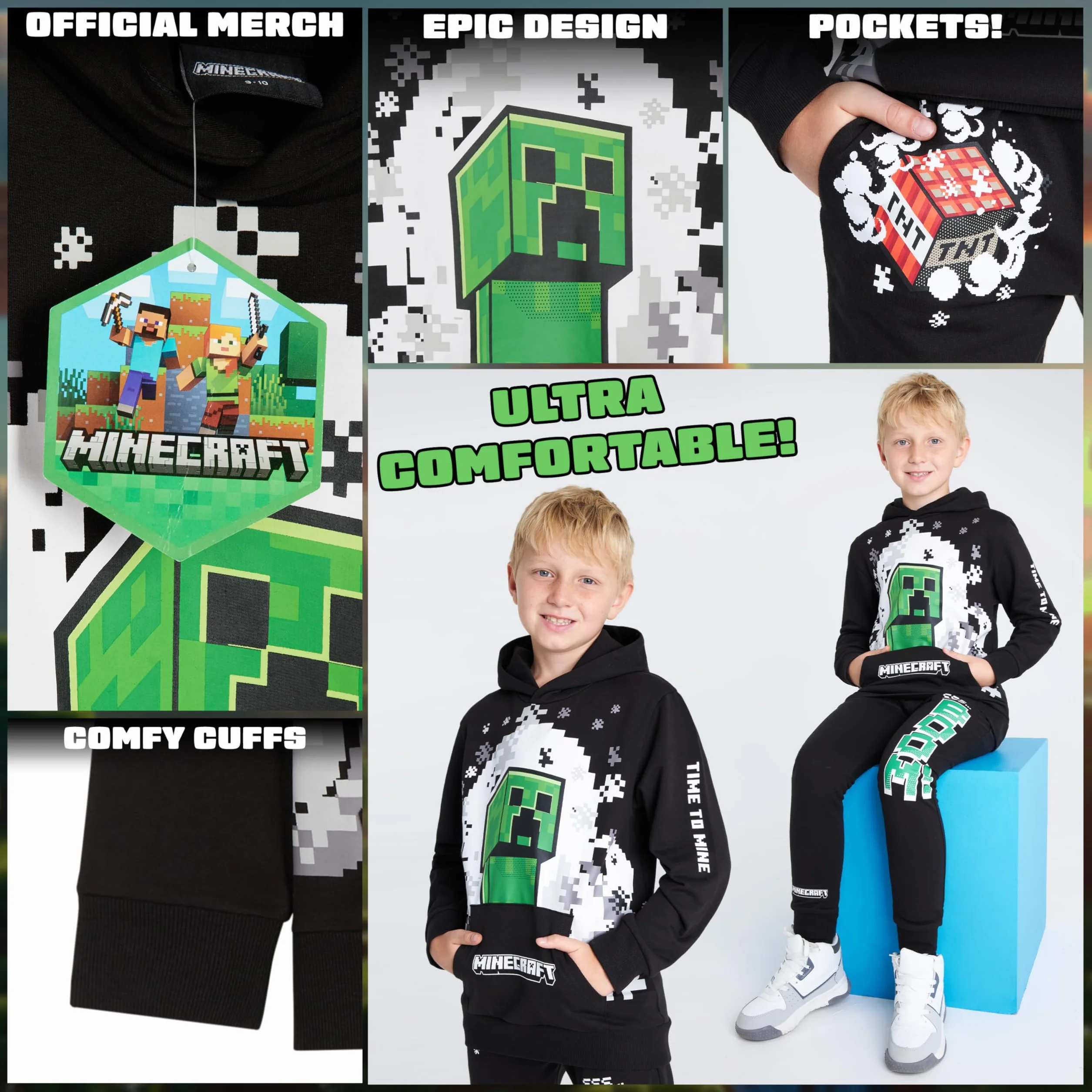 Minecraft Conjunto Chándal Niño - Sudadera con Capucha y Pantalones Niños
