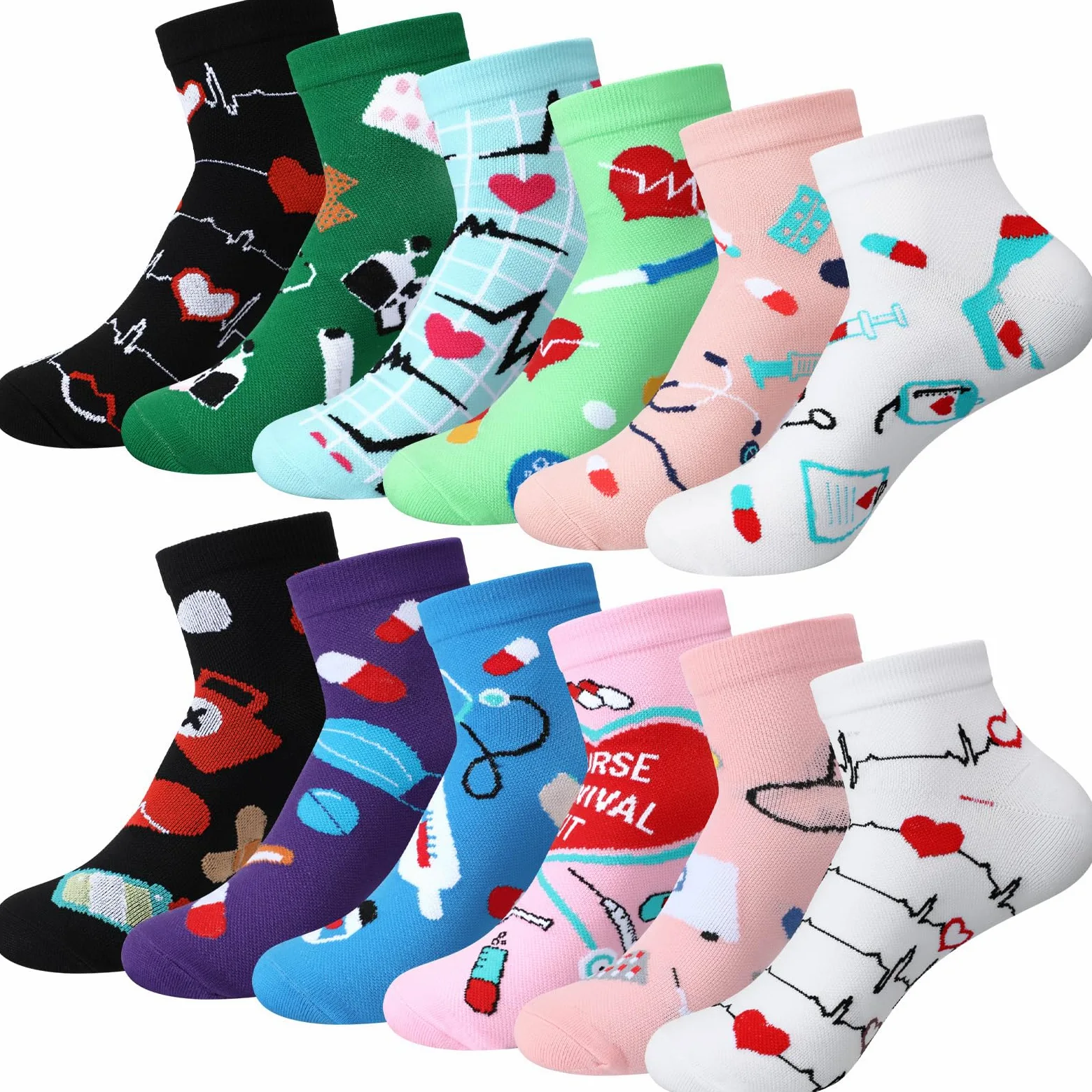 12 pares de calcetines de compresión para enfermeras para mujeres y hombres, circulación de 15-20 mmhg, calcetines de compresión de tobillo divertidos para asistentes médicos, enfermeras