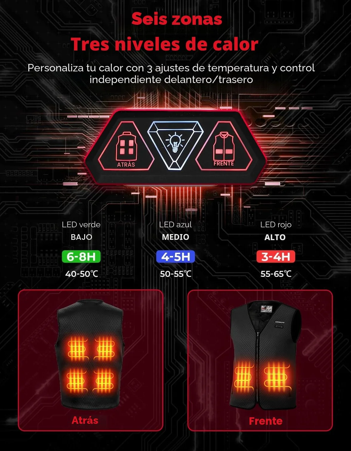 KEMIMOTO Chalecos Calefactable, Chalecos Calefactables Hombre 6 Zonas de Calentamiento con Función de Luces Apagadas, Tela de Buceopara y Forro Terciopelo Cristal, para Esquí Pesca Moto (Sin Batería)