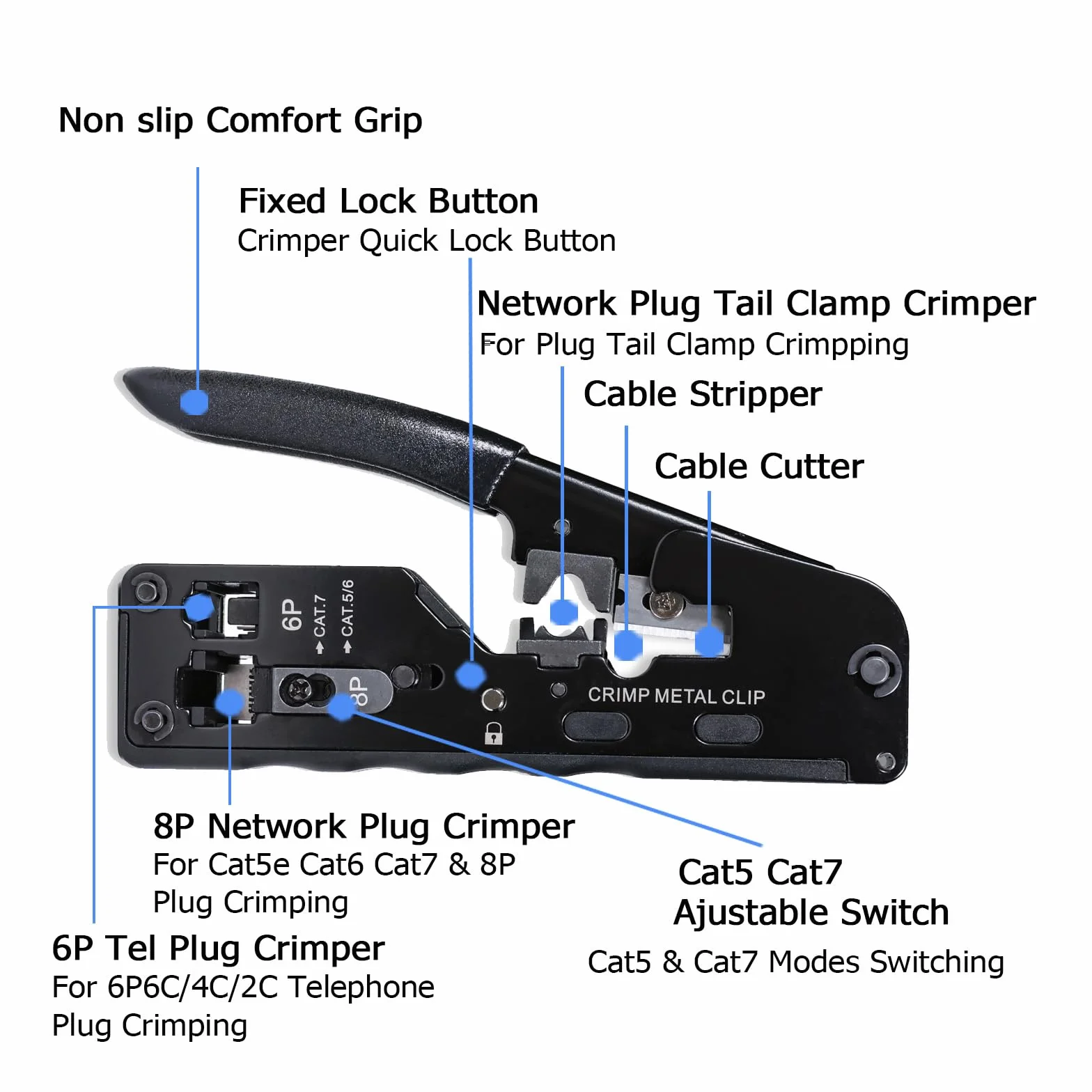 Herramienta de crimpado RJ45 RJ12 todo en uno, crimpadora Ethernet para conector modular Cat5-Cat7, con 50 conectores y cubiertas CAT6