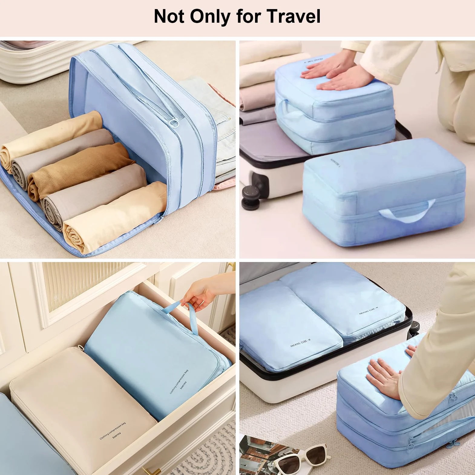 Cubos de embalaje de compresión de doble capa para viajes, bolsas organizadoras de equipaje comprimibles para maleta, bolsa de embalaje, accesorios de viaje, azul, L