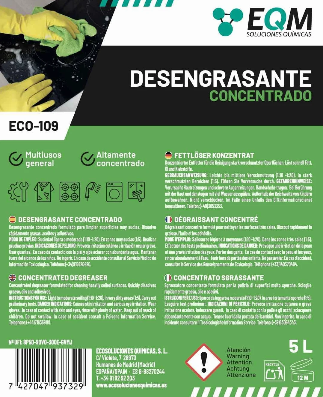 EQM ECO-109 Desengrasante Concentrado 5L Quitagrasas Alta Eficacia