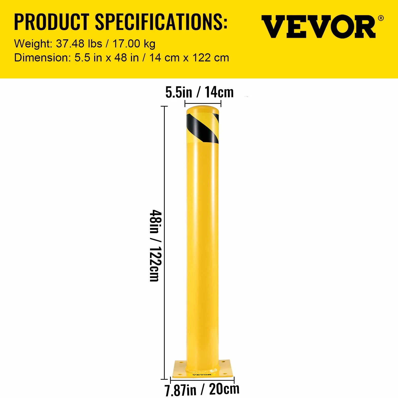 VEVOR Bolardo de Seguridad 122x14 cm 2 Piezas Tubo de Acero Recubrimiento de Polvo Amarillo Barrera de Seguridad