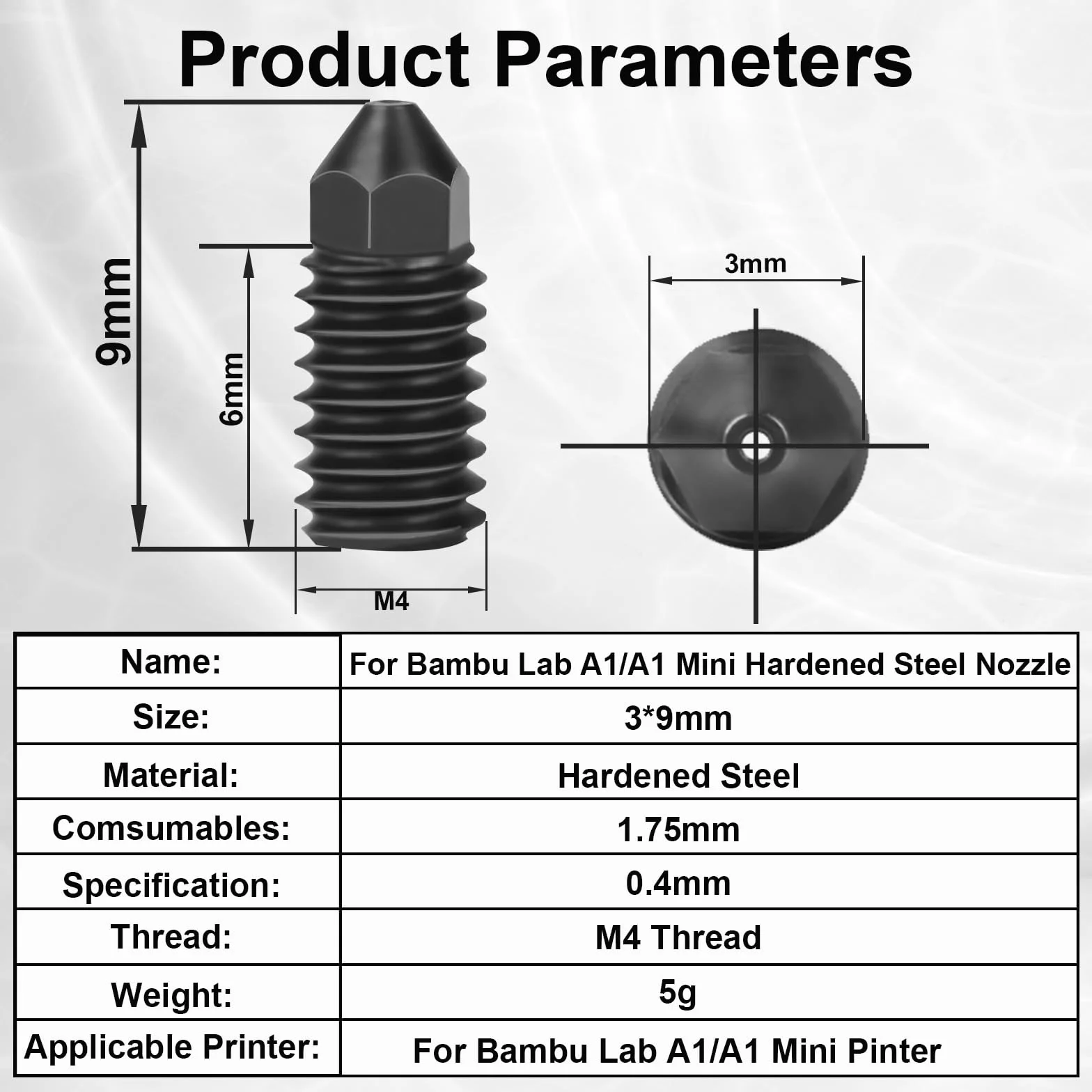 IdeaFormer 5 boquillas de acero endurecido 0,4 mm para laboratorio de bambú A1/A1 Mini