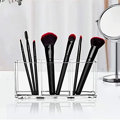 Organizadores de cosméticos 3 Agujeros acrílico Transparente Cepillo de Maquillaje Herramienta cosmética Caja de almacenaje para Maquillaje Soporte de Cepillo Organizador de Mesa herramient