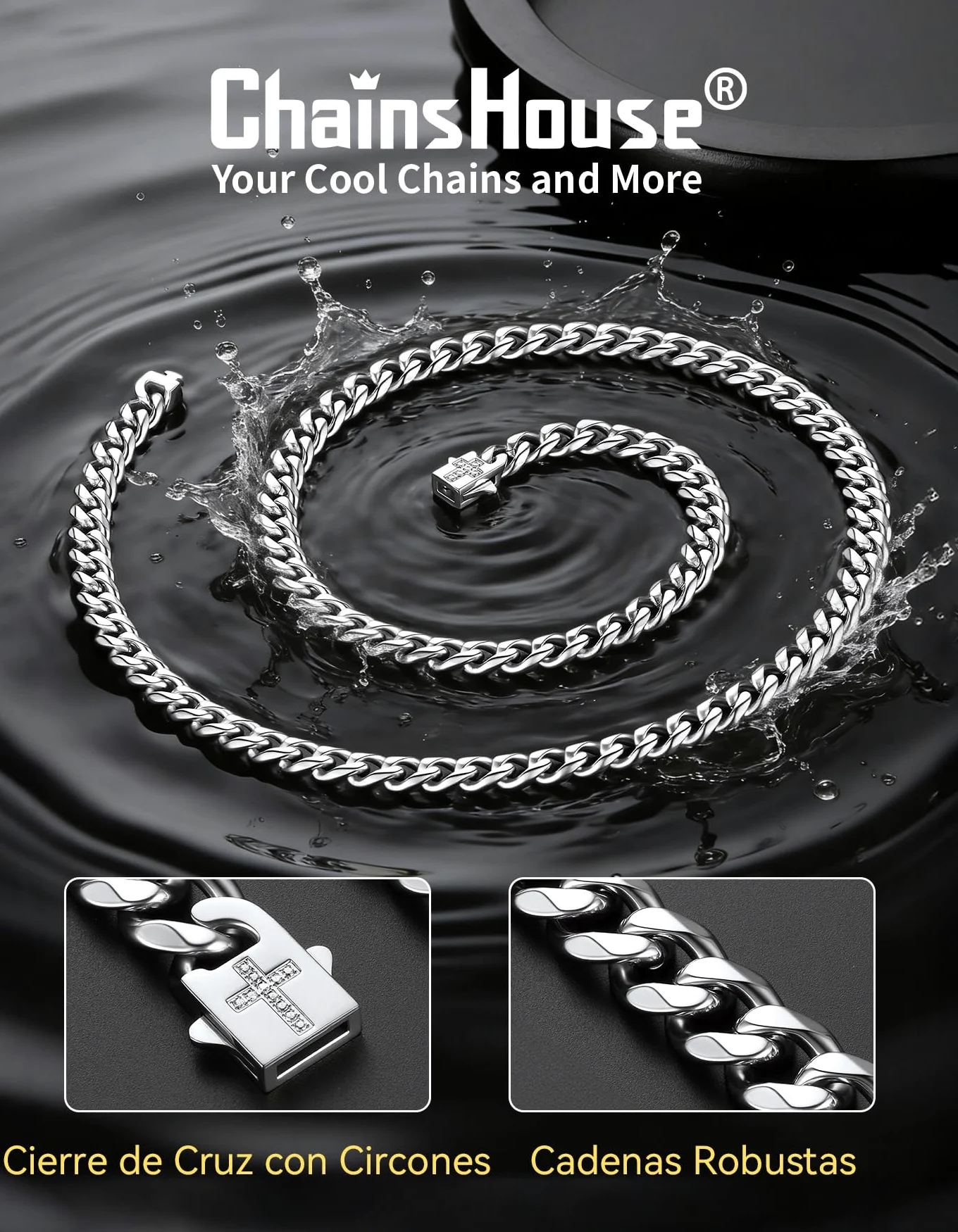 ChainsHouse Collar Colgante Cruz Hombre Cadenas Cubanas Acero Inoxidable Cierre Clip con Crucifijo Impermeable, 46cm -61cm Largo 6mm Ancho, Joyero Incluido