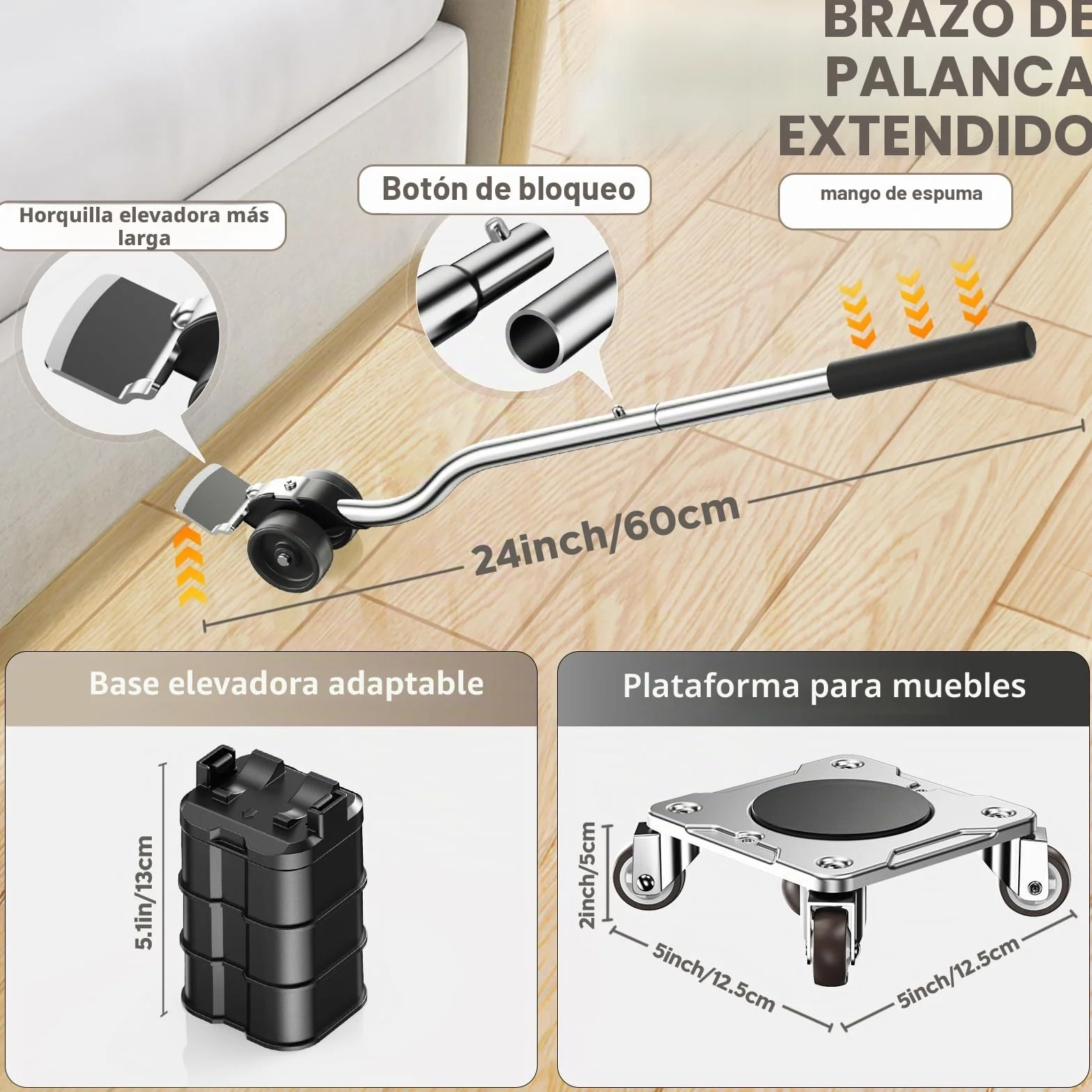 Kit de Transporte de Muebles con Función Parking, Carrito con Estabilizadores, Placa de Acero al Carbono Reforzada, Capacidad 500kg