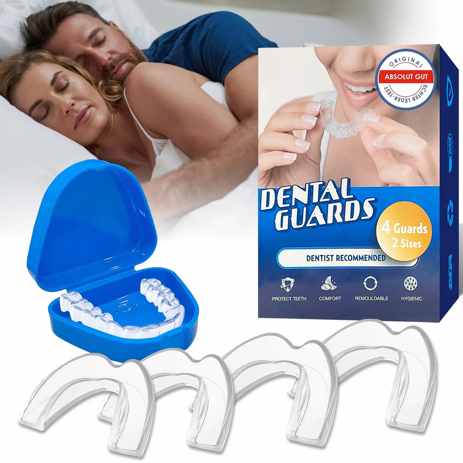 Férula Descarga Bruxismo Moldeable 4 Piezas, 2 Tamaños, Kit Protección Dental con Caja Higiene, Protector Bucal Dormir