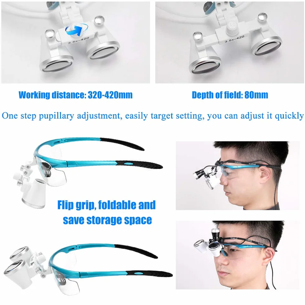 Lupa portátil 3.5X 420mm Quirúrgica Médica Lupas binoculares Auriculares Vidrio óptico LED