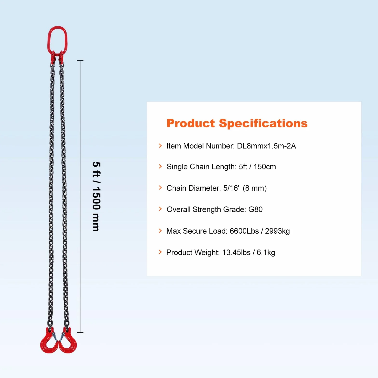 VEVOR Eslinga de Cadena de Elevación 2 Cadenas 8mm x 150cm Carga 2993 kg G80