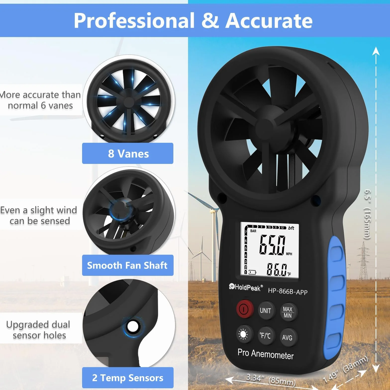 Anemómetro Digital HoldPeak 866B-APP Medidor de Velocidad Viento Bluetooth Inalámbrico Temperatura