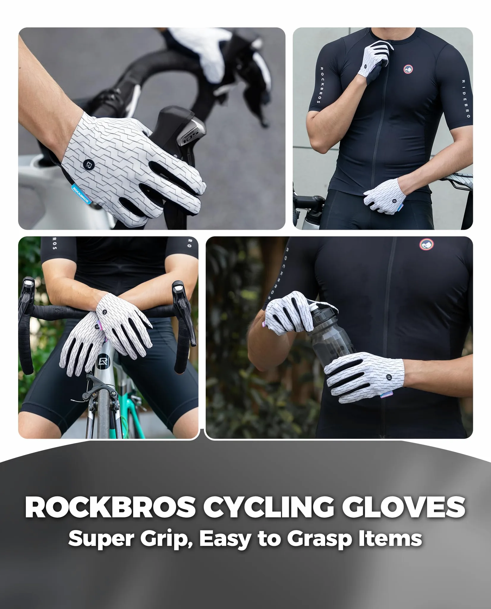 ROCKBROS Guantes Ciclismo Hombre Mujer Pantalla Táctil Guantes Deporte Dedo Completo Primavera Verano para MTB Bicicleta Carretera Gravel Running Gym Negro Blanco S-XL