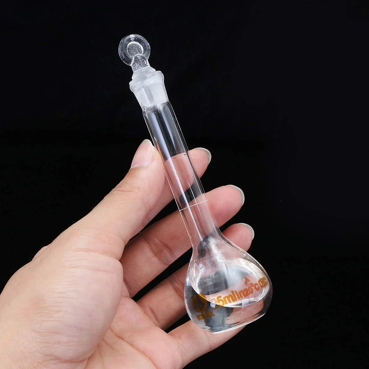Frasco volumétrico de vidrio 25ml con tapón de cristal química redondo