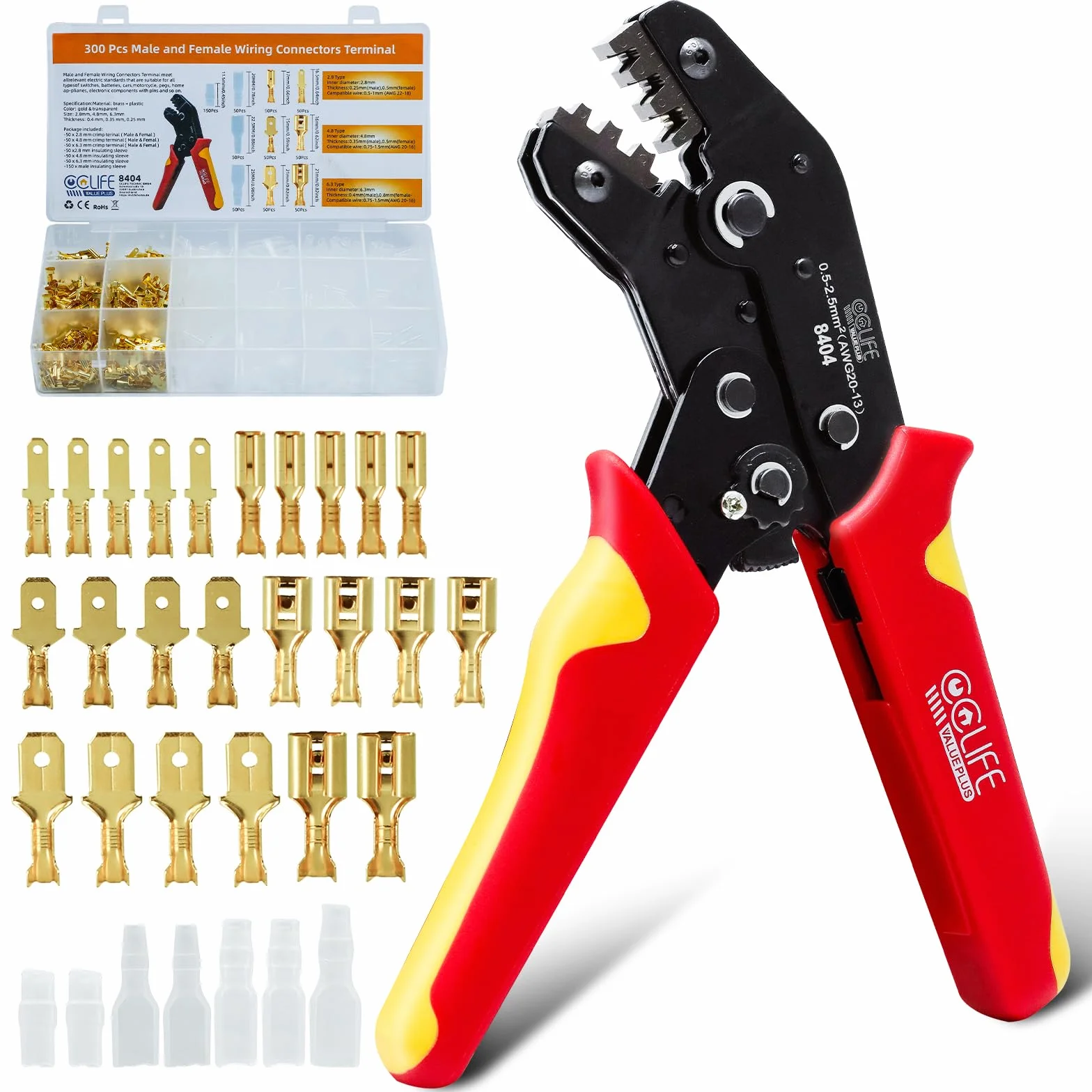 CCLIFE Crimpadora para Terminales Planos Kit 0,5-2,5 mm² AWG 20-13 300 Conectores