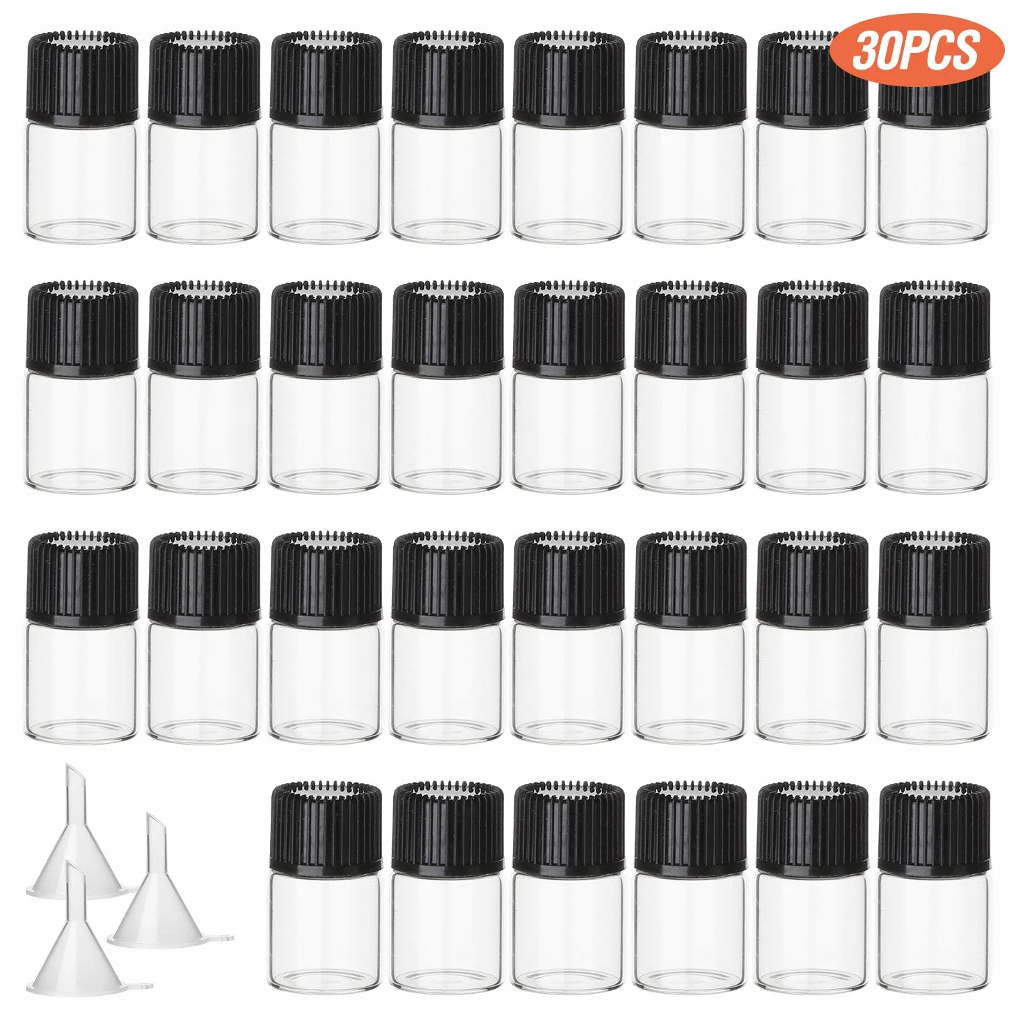 Botella transparente de vidrio 2 ml con mini embudo 30 unidades Hyber&Cara