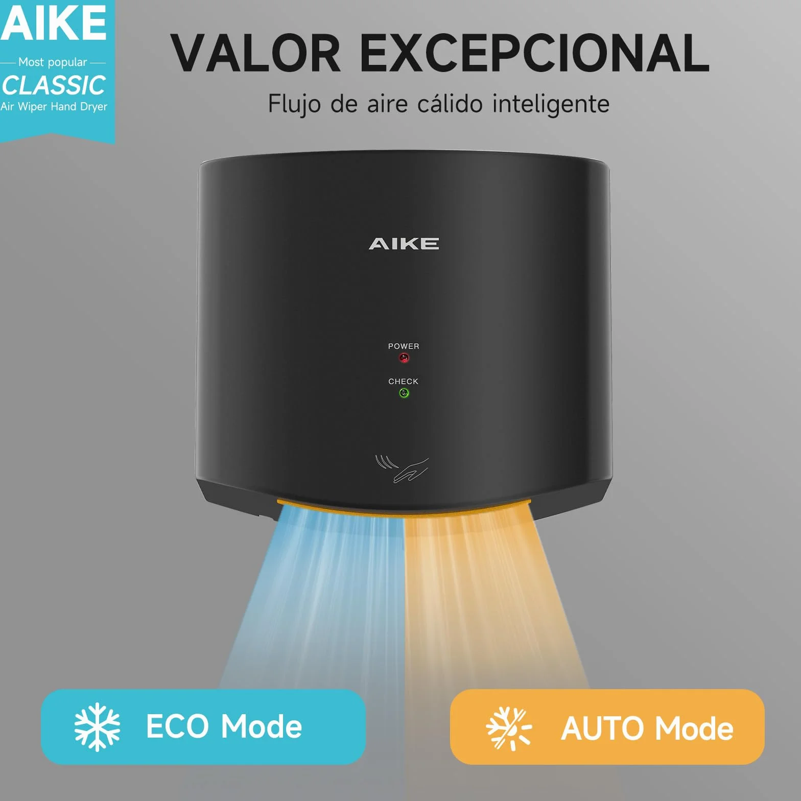 AIKE Secamanos Compacto 1400W 220V Secado de Alta Velocidad Sin Papel Sin Contacto AK2630S Negro