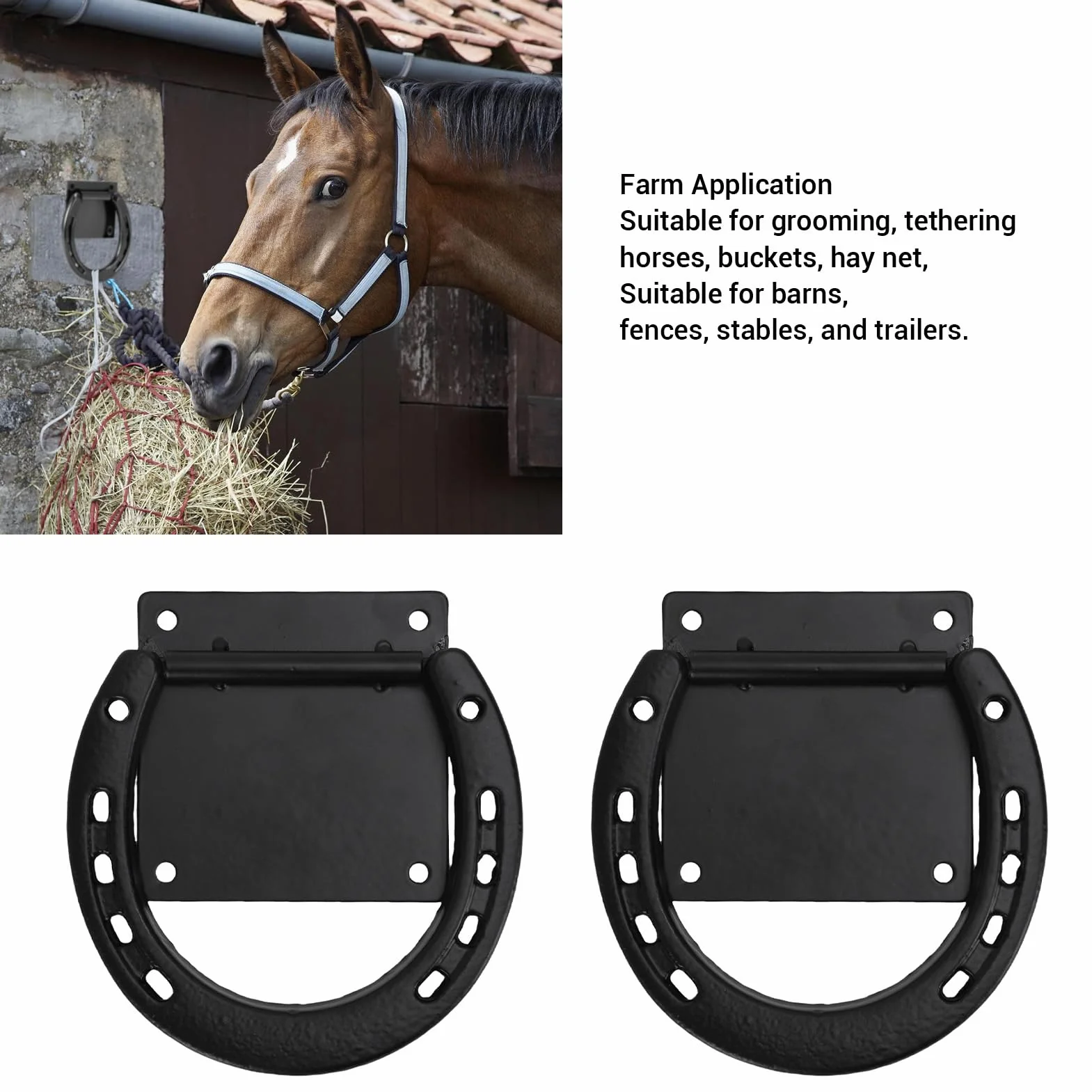Topiky Paquete de 2 Anillos para Atar Caballos, Anillo de Atado de Herradura con Revestimiento Negro de Acero Sólido