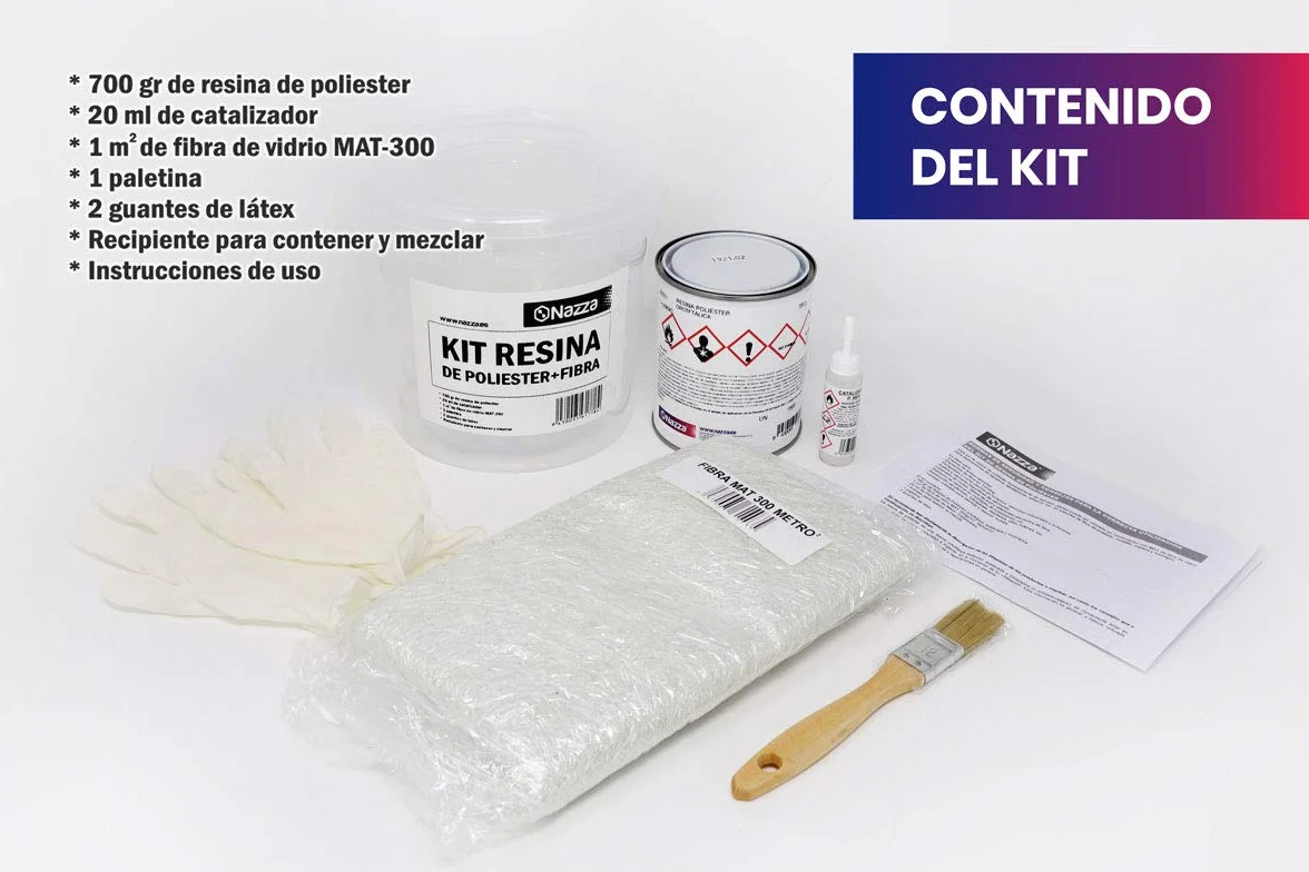 Kit de Resina de Poliéster 1 kg + Fibra de Vidrio Nazza Incluye Resina Peróxido de MEK Guantes Paletina Instrucciones Vaso