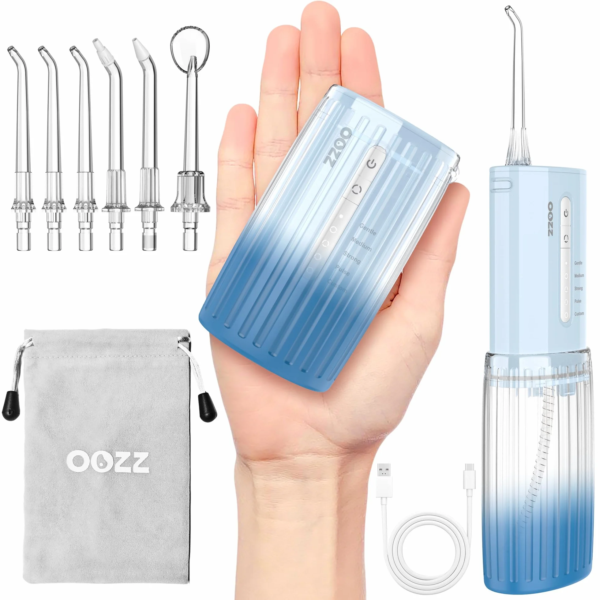 OOZZ Irrigador Bucal de Viaje Inalámbrico 5 Modos 6 Puntas Recargable USB Azul Degradado
