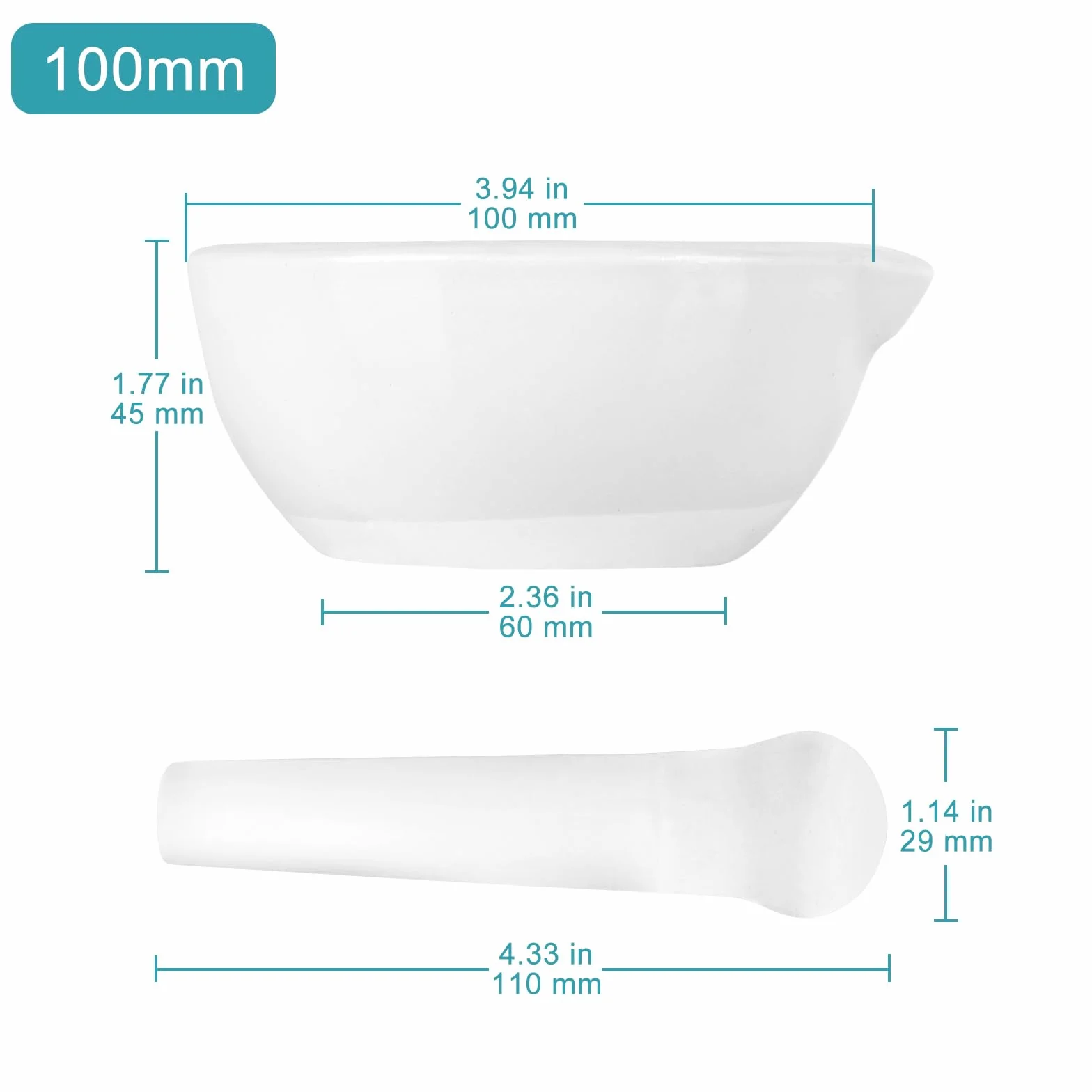 Mortero y Maja de Porcelana 100 mm, Superficie de Molienda Sin Esmaltar, Laboratorio