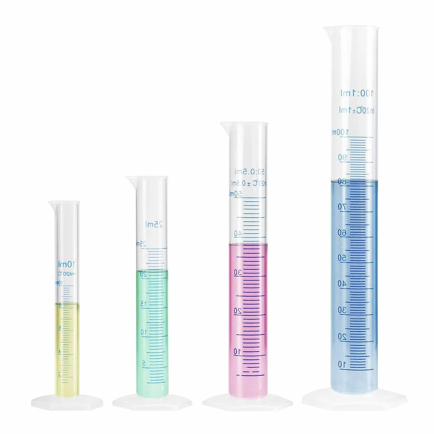 Juego de 4 cilindros medidores de plástico 10/25/50/100 ml para laboratorio y cocina
