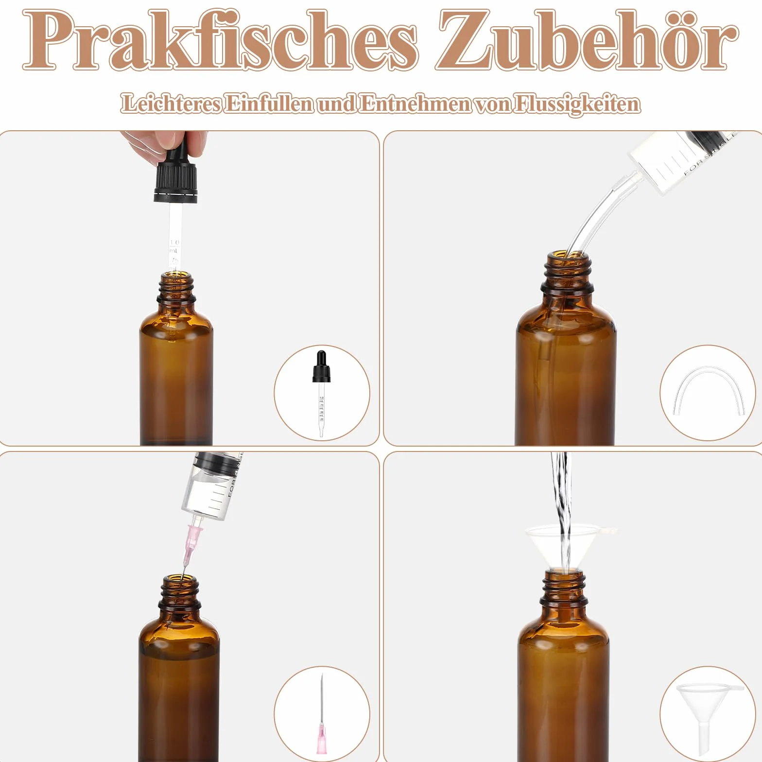Frascos de vidrio marrón 50 ml con pipeta para aceites esenciales - 6 unidades