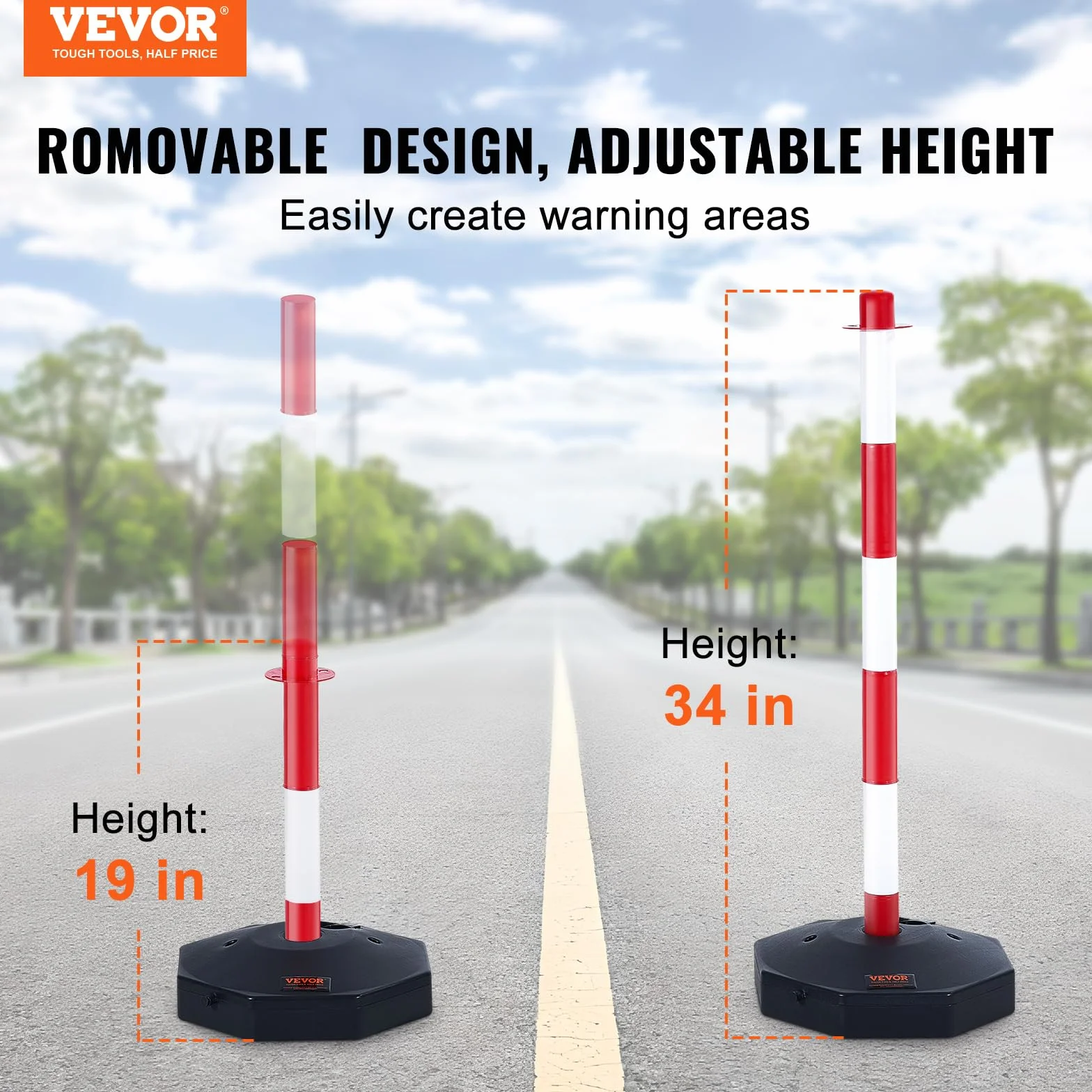 VEVOR Poste de Tráfico 2 Piezas, Cono Altura Ajustable con Cadena 2,4 m, Rojo y Blanco