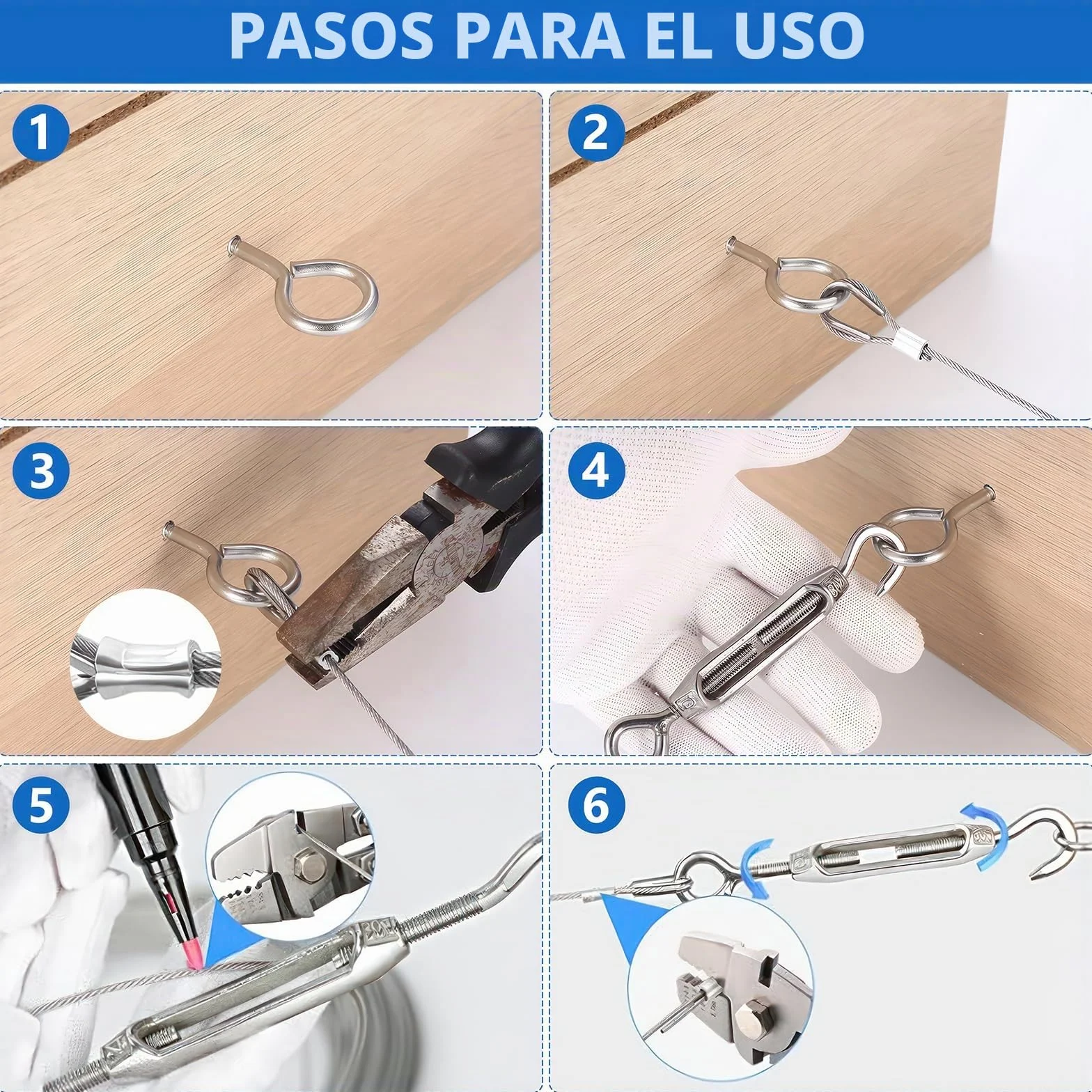 Cable de Acero Inoxidable 2mm x 15m Kit con Tensores para Jardín