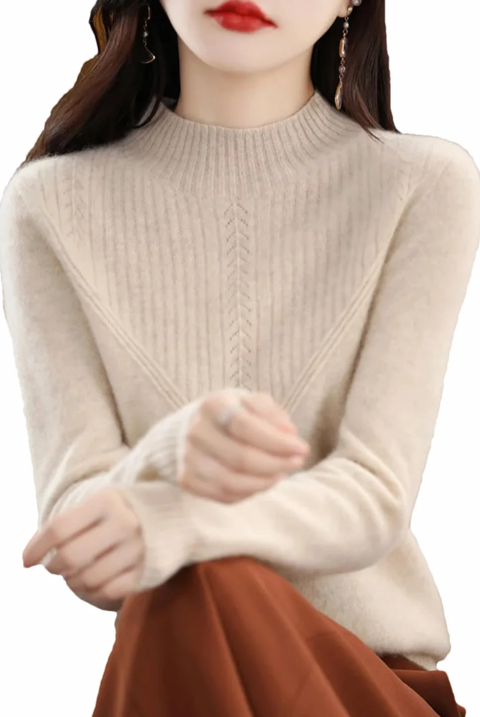 Suéter De Lana 100% para Mujer, Jersey De Punto Sin Costuras con Cuello Medio Alto De Cachemira Y Patrón Hueco