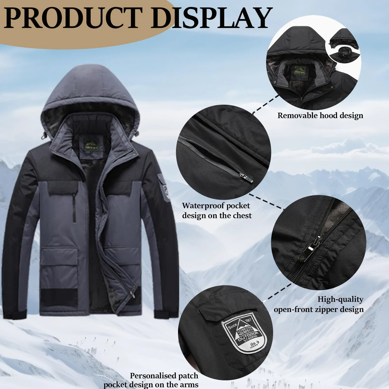 Chaqueta De Esquí Para Hombre Impermeable Y Abrigada- Cortavientos Capucha Desmontable, Snowboard Montaña Invierno Exterior