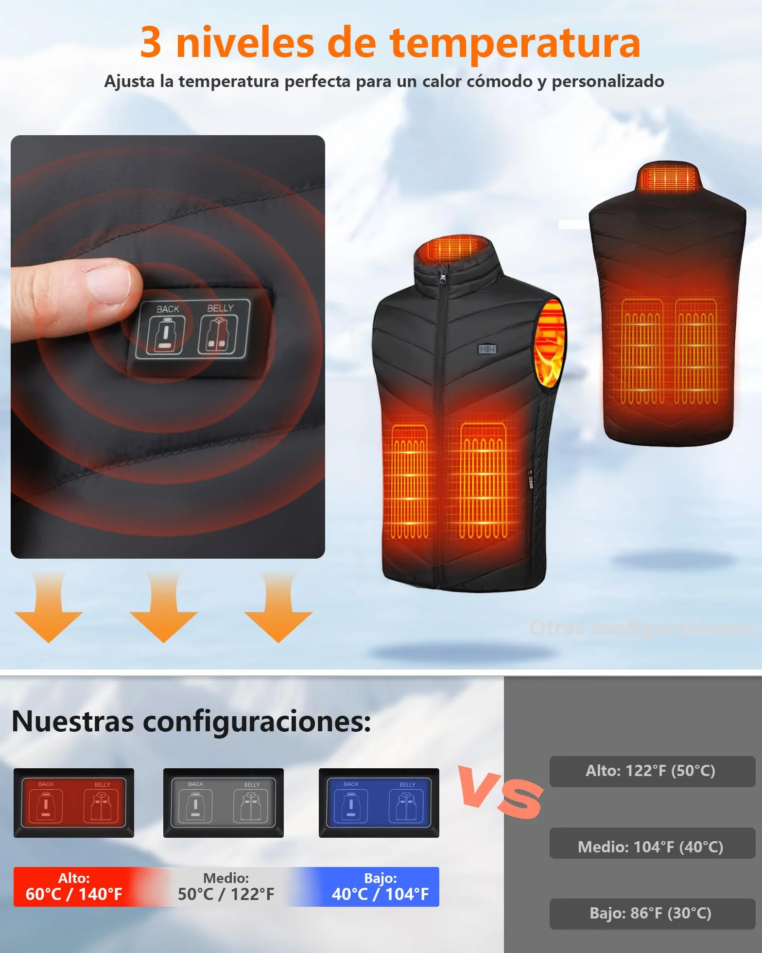 Chaleco Calefactable Hombre con Batería De 10000 mAh, 3 Temperaturas, 5 Zonas de Calentamiento, Chaqueta Calefactable con Carga USB, para Esquí, Motociclismo, Senderismo y Pesca