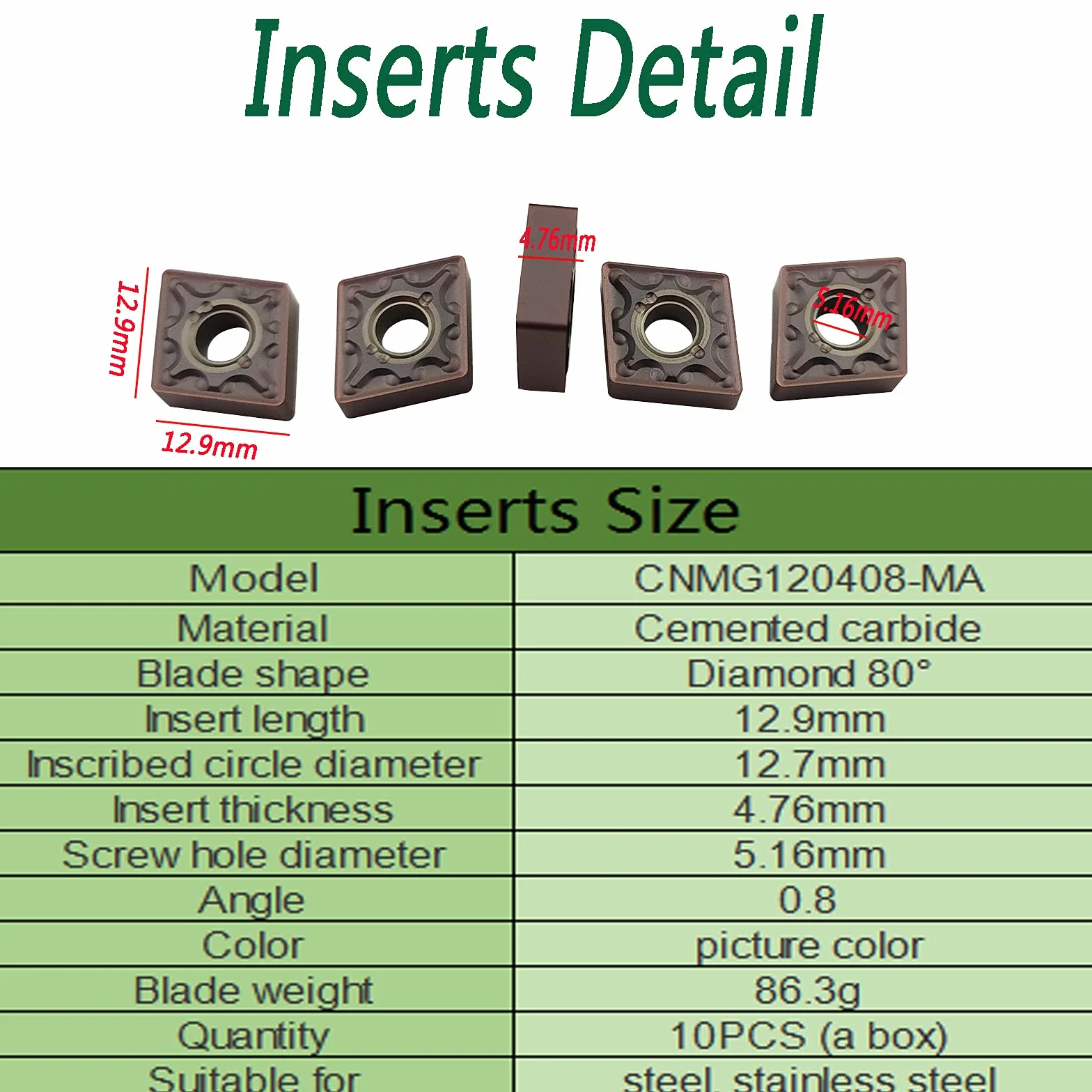 Soporte para herramientas de torneado MCSNL1616H12 con 10 insertos de carburo CNMG120408-MA