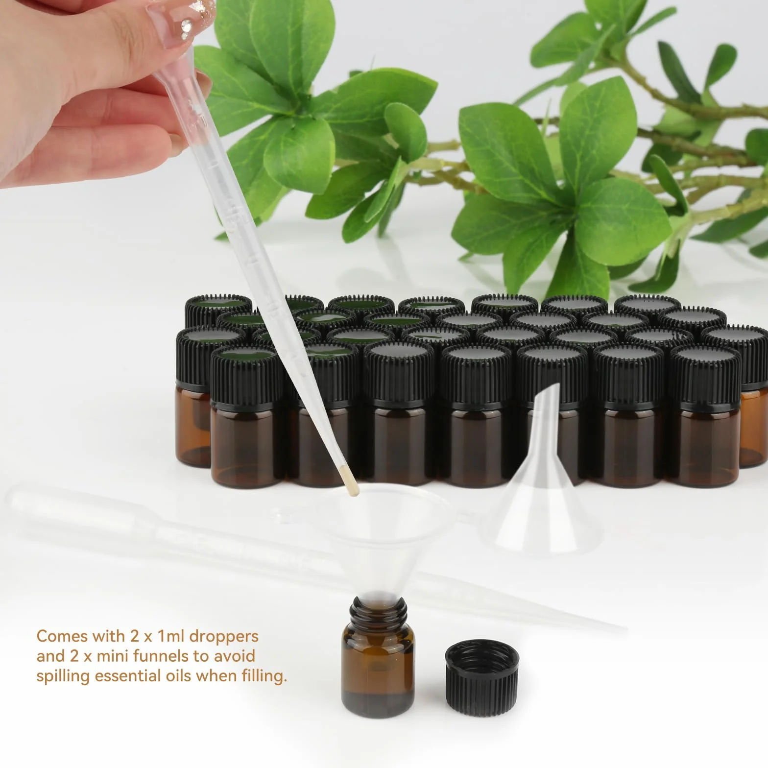 Botes Aceites Esenciales 30 Ámbar 2ml Mini Bottiglia di Vetro Rellenable con Embudos Cuentagotas