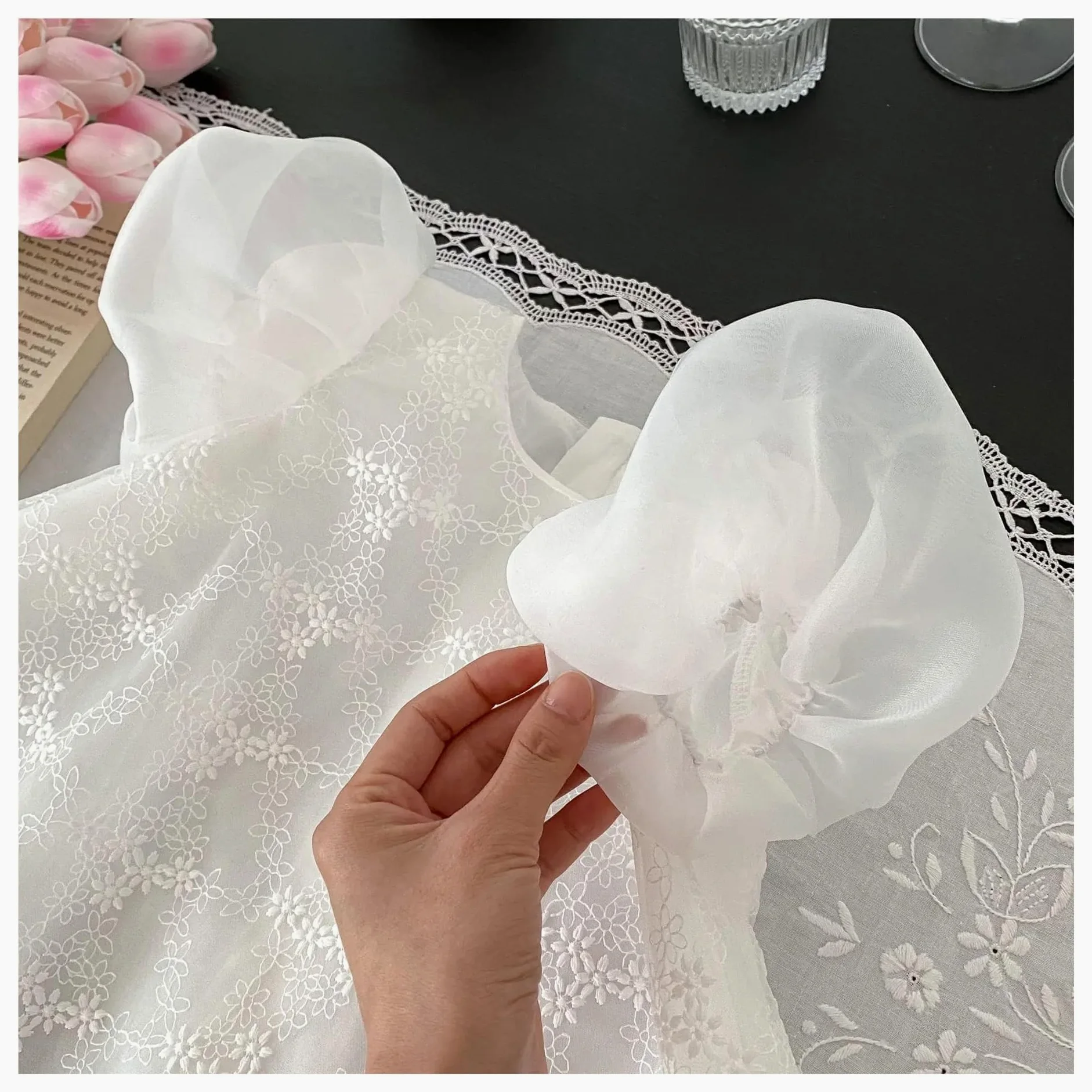Vestido De Fiesta para NiñA Vestido de Princesa for niña, Banquete de Cien días, Vestido de algodón con Falda de Encaje y Mangas Cortas con Burbujas(2-3Y)